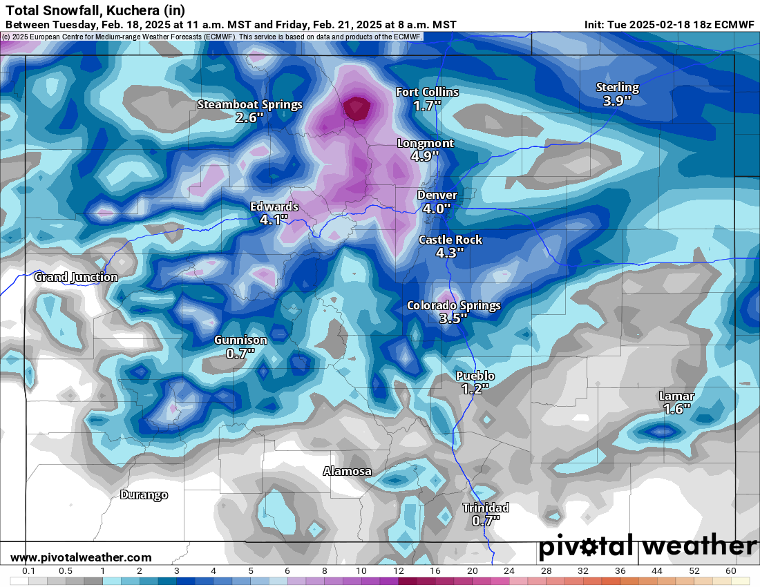 An ECMWF Total snowfall, Kuchera (in) forecast map of Colorado from 11 a.m., Tuesday, Feb. 18 to 8 a.m., Friday, Feb. 21, 2025. (PivotalWeather.com)