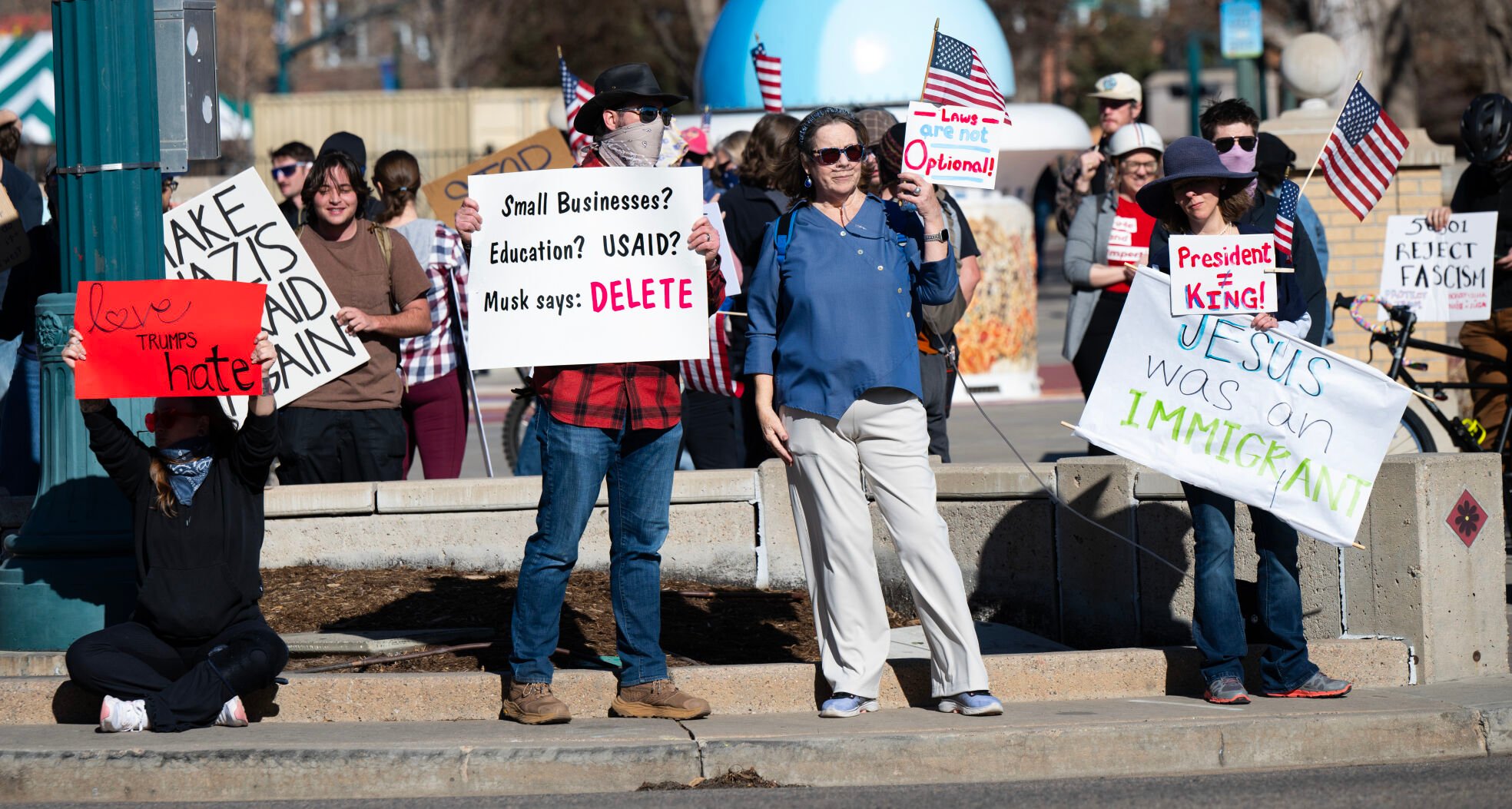 Protesters rally in Acacia Park in downtown Colorado Springs Wednesday, Feb. 5, 2025, as part of the 50 protests, 50 states, one day movement that has organized online under the hashtags #buildtheresistance and #50501. Websites and accounts across social media issued calls for action, with messages such as “reject fascism” and “defend our democracy.” (The Gazette, Christian Murdock) (Christian Murdock)
