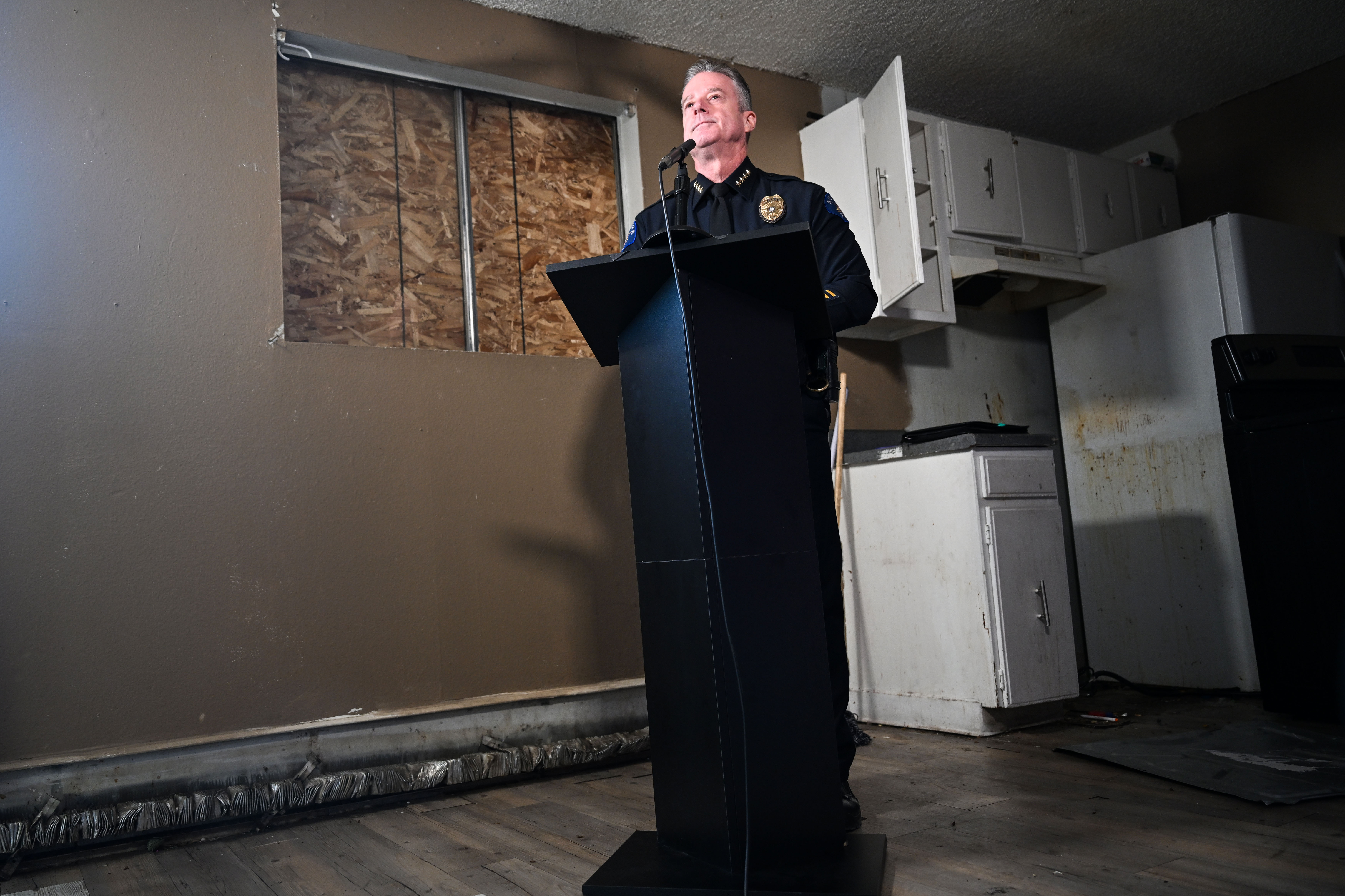 Aurora Police Chief Todd Chamberlain reads a prepared statement as he announces the closure of The Edge of Lowry Apartment complex in Aurora on Wednesday, Feb. 19, 2025. The move marked the second shutdown of a troubled apartment complex owned and operated by CBZ Management that became the focal point of America's debate on illegal immigration, particularly after the reach of a Venezuelan prison gang into Colorado cities like Aurora and Denver came to light. (Stephen Swofford, Denver Gazette) (StephenSwoffordPhotographerstephen.swofford@gazette.comhttps://secure.gravatar.com/avatar/1ddcaf11c5d70eaa58546ddc4e038687?d=mm&r=g)
