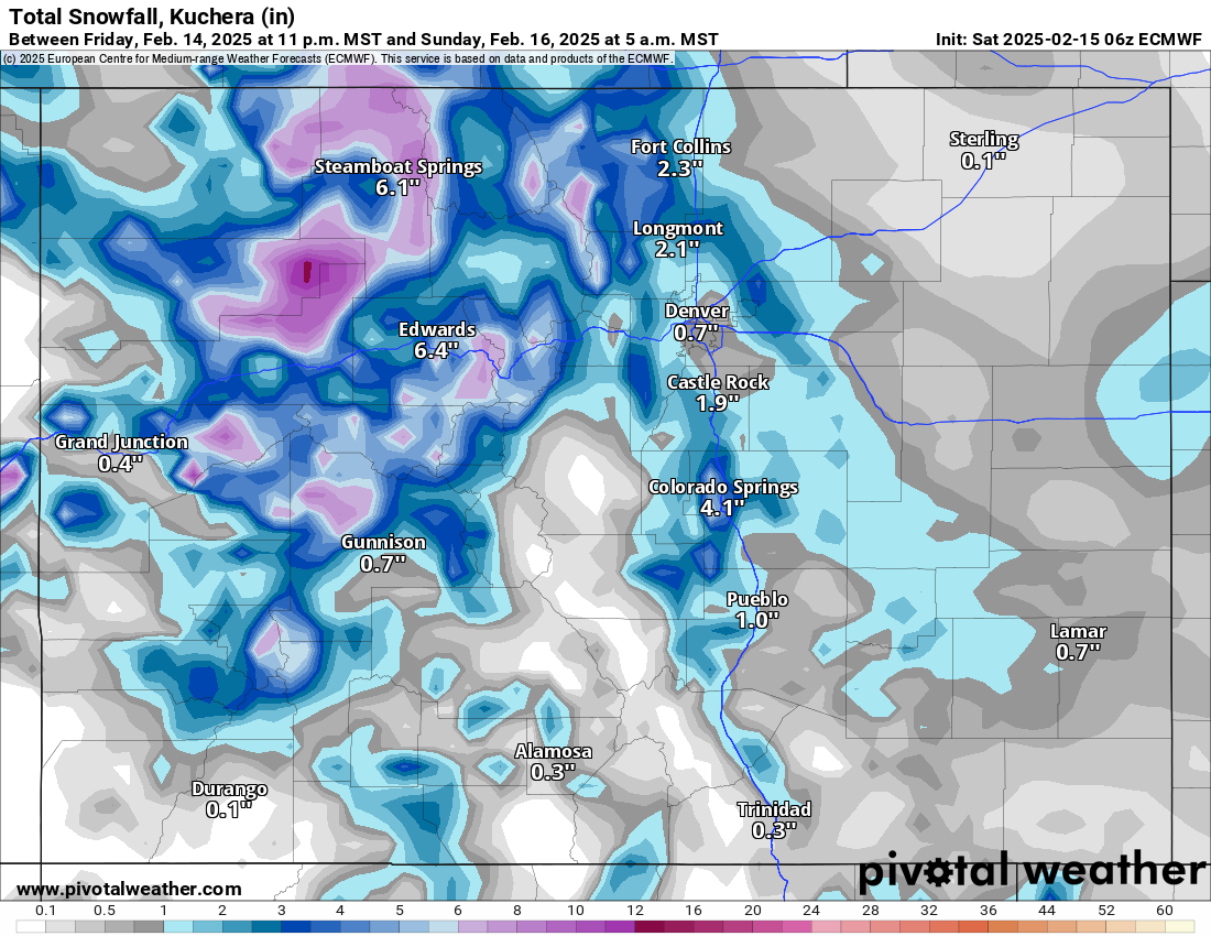 Snowfall totals for Colorado’s ski areas Saturday, Feb. 15