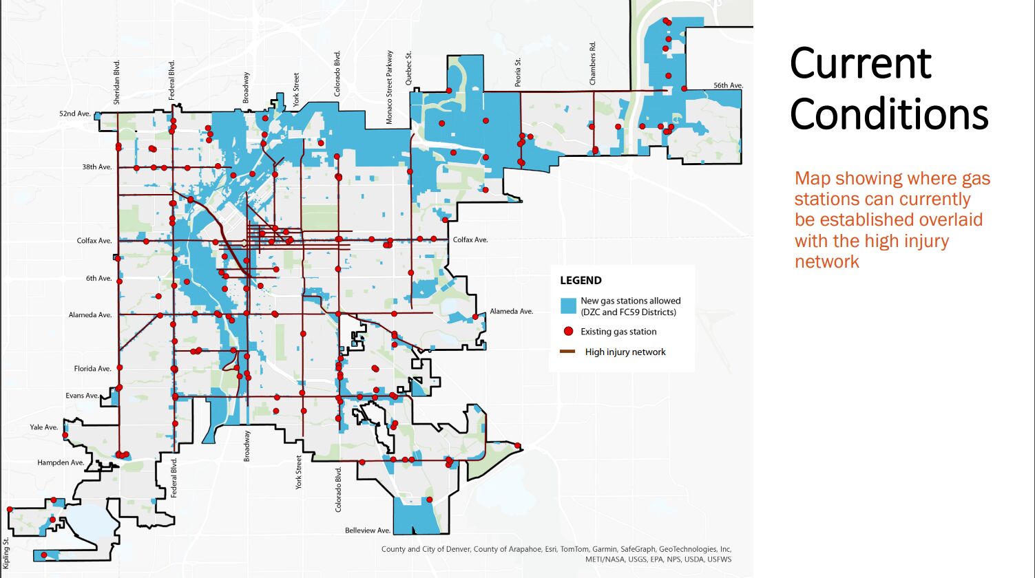 A map prepared by the city's Community Planning and Development team shows where gas stations may be established prior to a text amendment to city code that would restrict the number of new gas stations that could be built in Denver. (City of Denver Community Planning and Development)