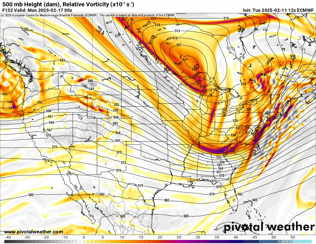 An ECMWF 500 mb Height (dam), Wind (kt) forecast loop of the U.S from 5 p.m., Sunday, Feb. 15 to 11 a.m., Wednesday, Feb. 19, 2025. (PivotalWeather.com)