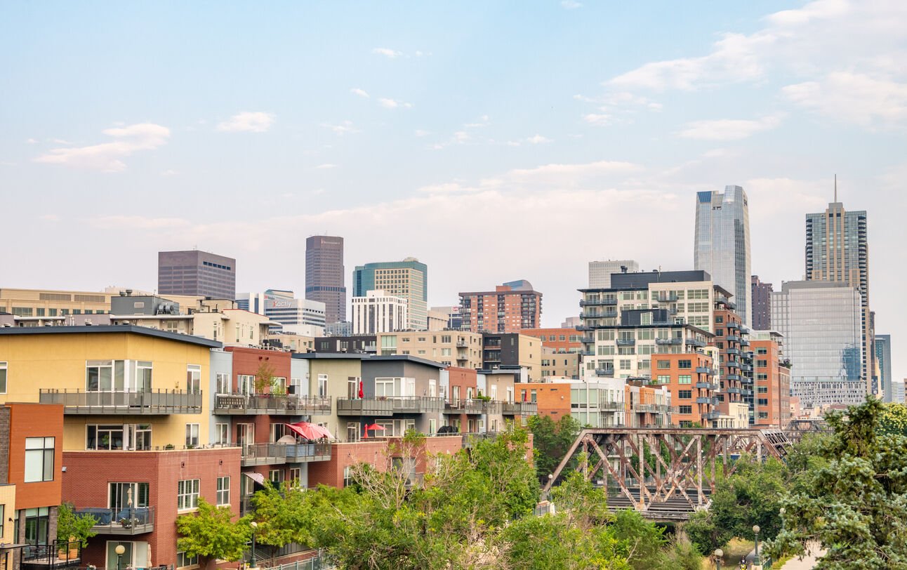 In Denver, Colorado, View of skyscrapers and the city skyline in the distance