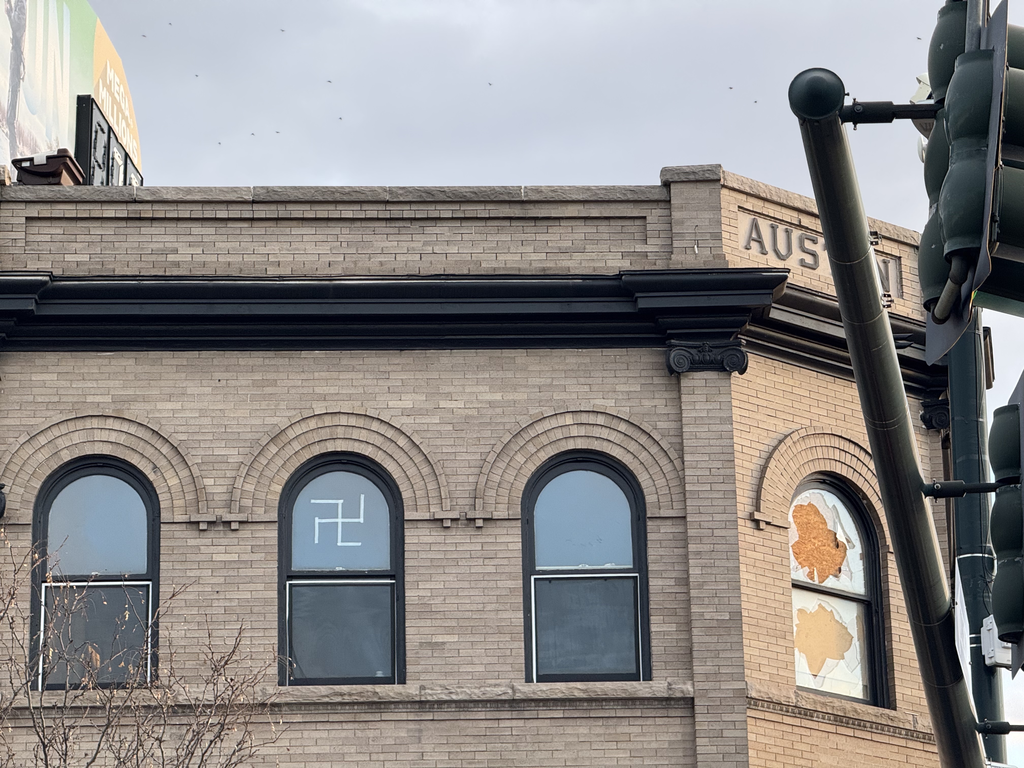 FILE PHOTO: A swastika has reappeared on a Denver window after being smashed out of a window in the same building earlier this week. (Stephen Barr, The Denver Gazette) (Stephen Barr/The Denver Gazette)