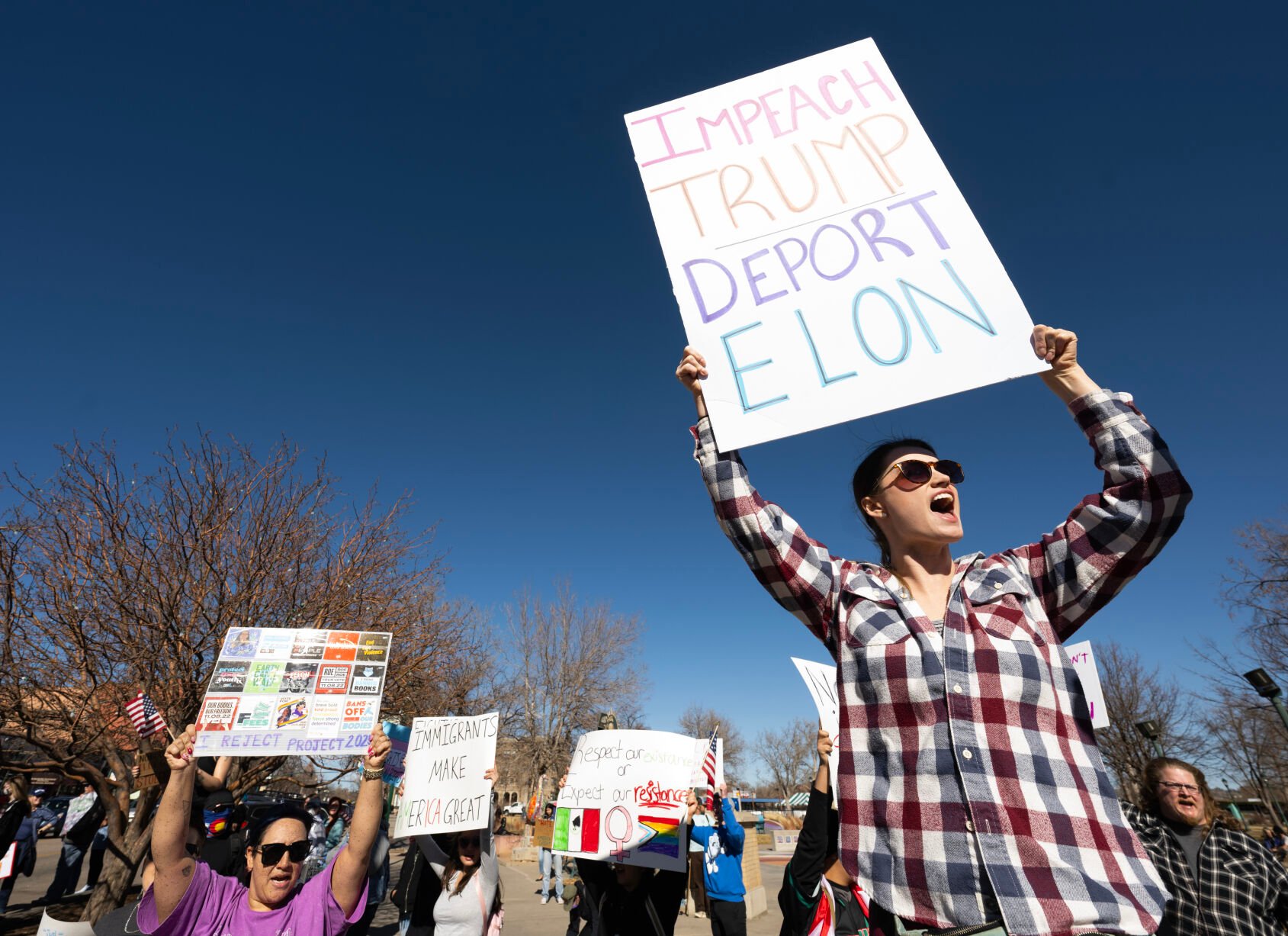 Chanda Waldenmaier and about 50 other protesters rally in Acacia Park in downtown Colorado Springs Wednesday, Feb. 5, 2025, as part of the 50 protests, 50 states, one day movement that has organized online under the hashtags #buildtheresistance and #50501. Websites and accounts across social media issued calls for action, with messages such as “reject fascism” and “defend our democracy.” (The Gazette, Christian Murdock) (Christian Murdock)