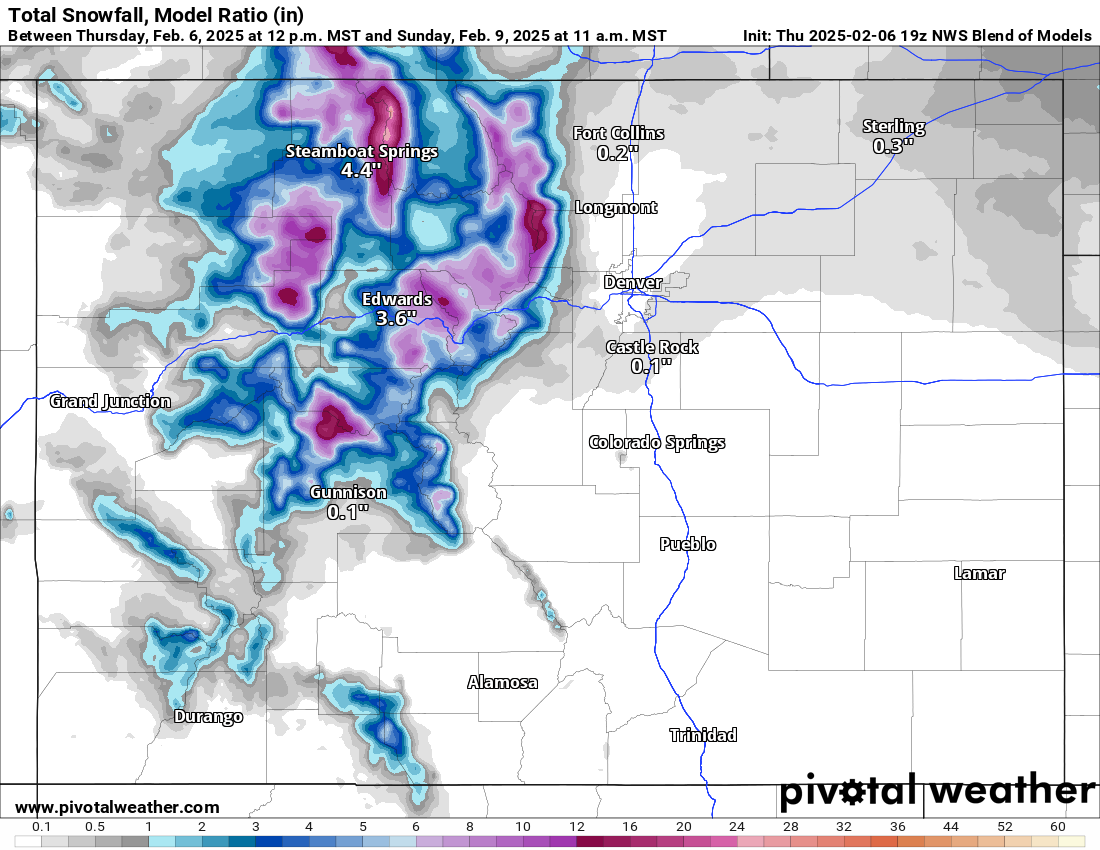 A NWS Blend of Models Total snowfall, Model Ratio (in) forecast map of Colorado from February 6-9