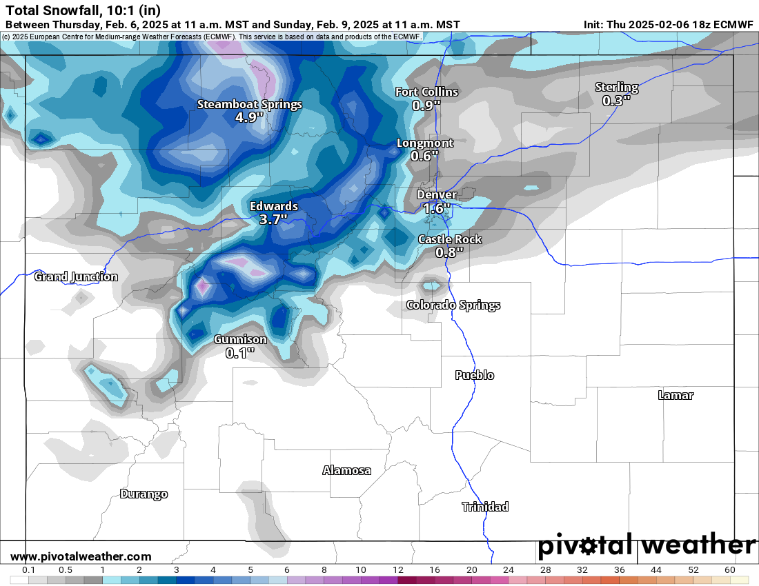 An ECMWF Total snowfall, Kuchera (in) forecast map of Colorado from February 6-9
