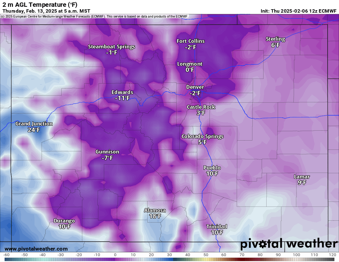 An ECMWF 2 m AGL Temperature (F) forecast map of Colorado on February 13
