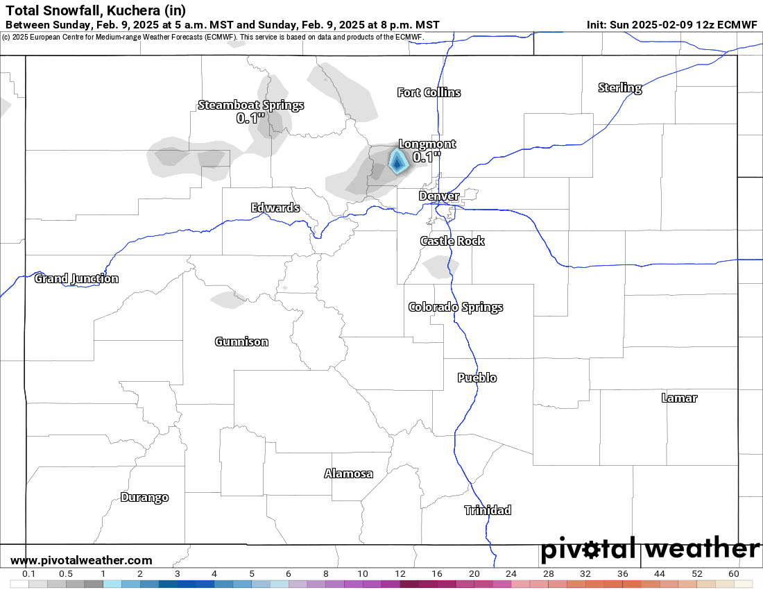 An ECMWF Total snowfall, Kuchera (in) forecast loop of Colorado from February 9-13