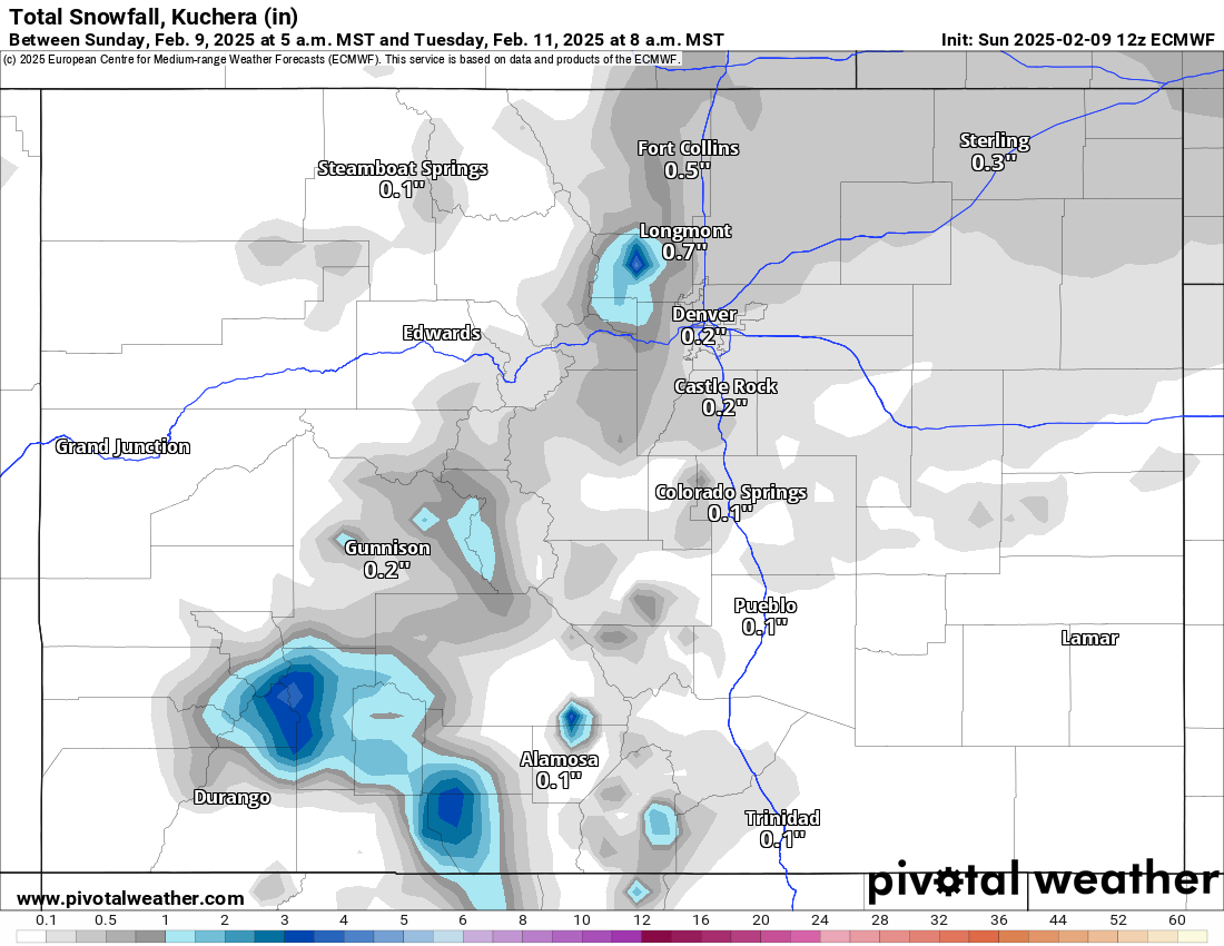 An ECMWF Total snowfall, Kuchera (in) forecast loop of Colorado from February 9-11