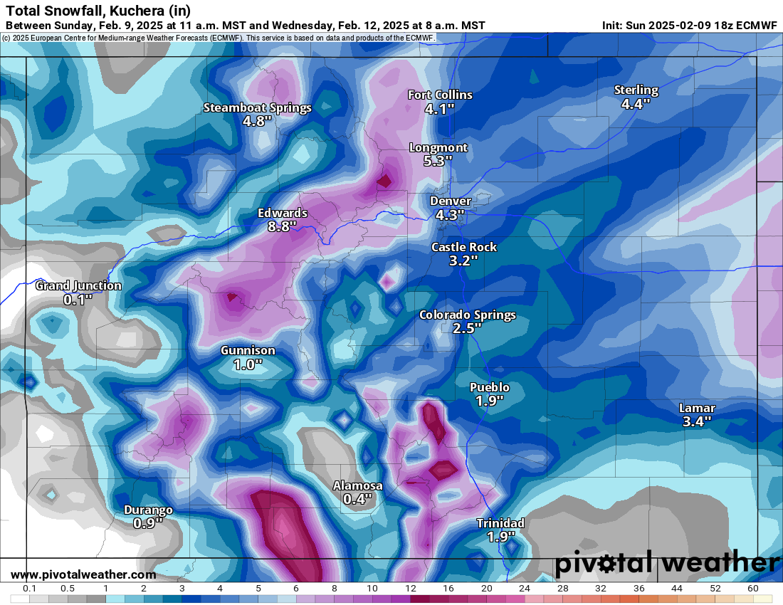 An ECMWF Total snowfall, Kucher (in) forecast loop of Colorado from February 9-12