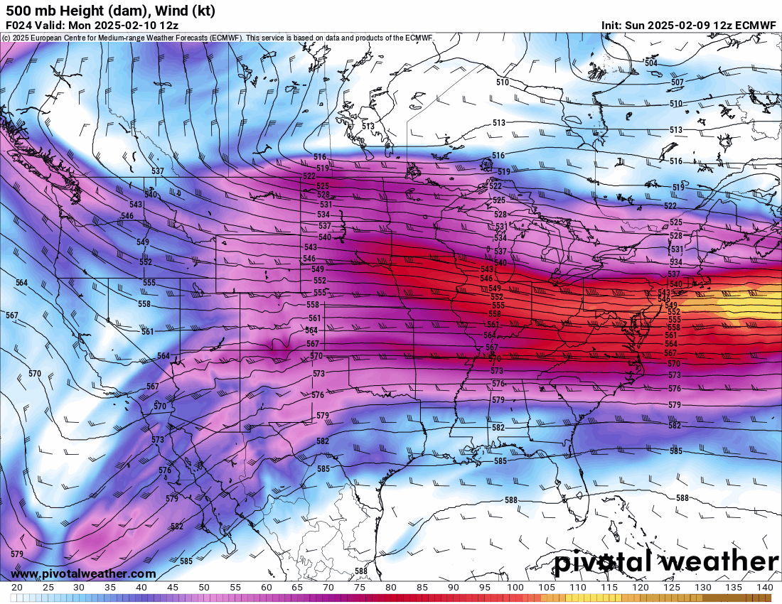 An ECMWF 500 mb Height (dam), Wind (kt) forecast loop of the U.S. from February 10-18