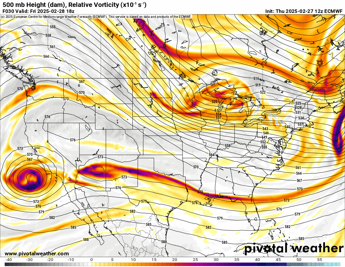 An ECMWF 500 mb Height (dam), Relative Vorticity forecast loop of the U.S. from February 27 - March 14
