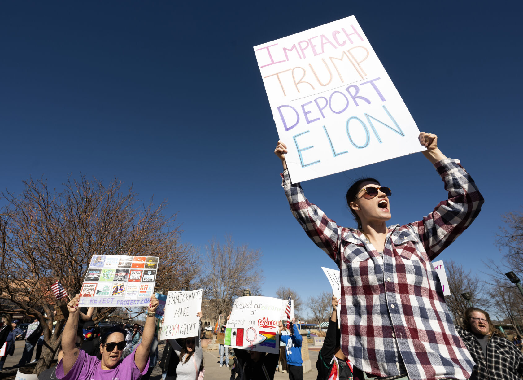 Chanda Waldenmaier and about 50 other protesters rally in Acacia Park in downtown Colorado Springs Wednesday, Feb. 5, 2025, as part of the 50 protests, 50 states, one day movement that has organized online under the hashtags #buildtheresistance and #50501. Websites and accounts across social media issued calls for action, with messages such as “reject fascism” and “defend our democracy.” (The Gazette, Christian Murdock) (Christian Murdock)