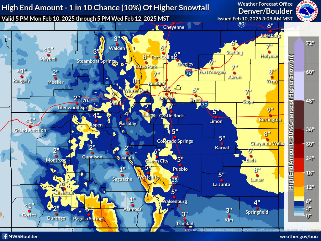 The 'high end' snowfall scenario. Map Credit: National Weather Service.