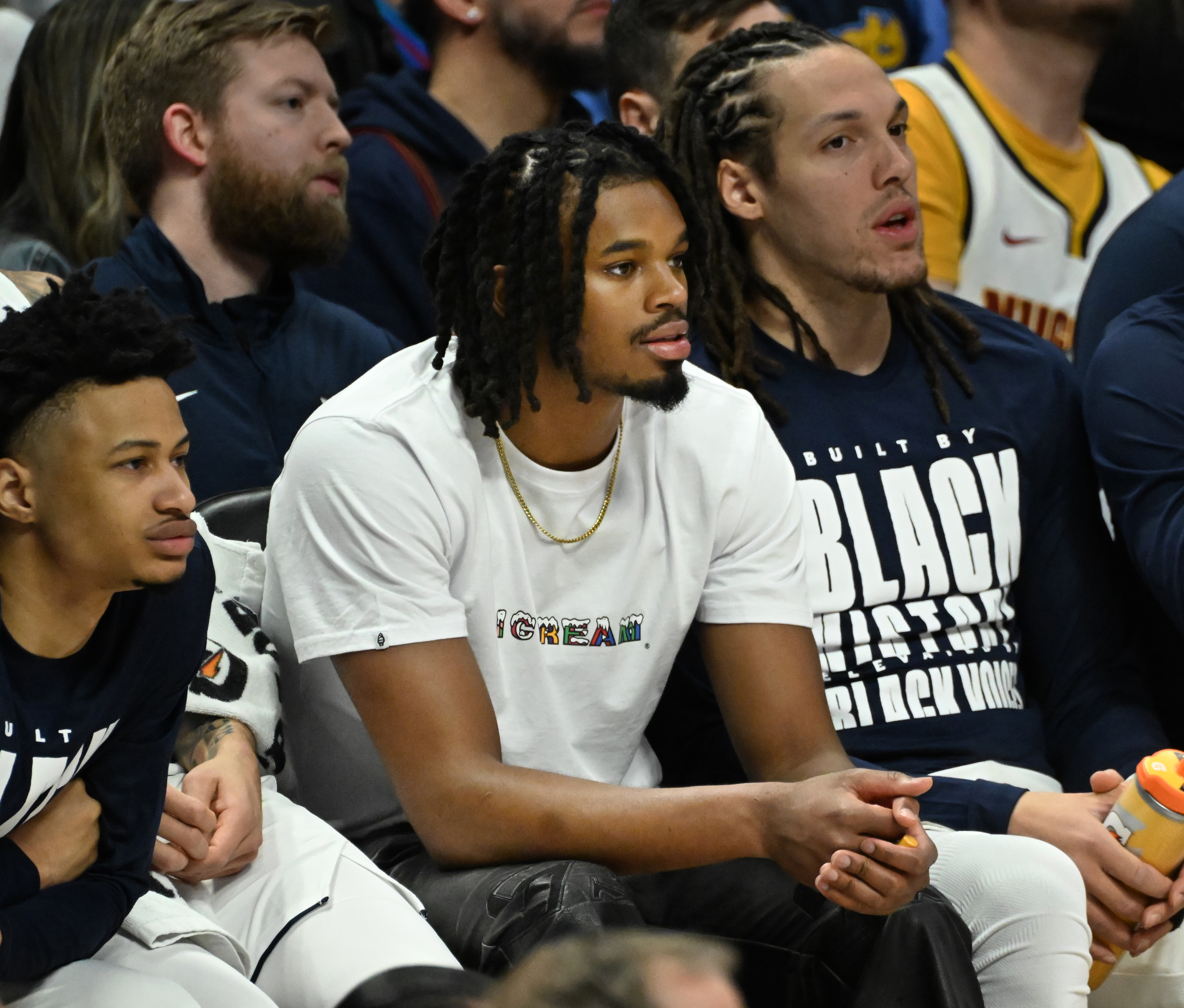 DaRon Holmes II takes in the Nuggets-Pelican game from the bench at Ball Arena on Wednesday, February 5, 2025. (Jerilee Bennett, The Gazette)