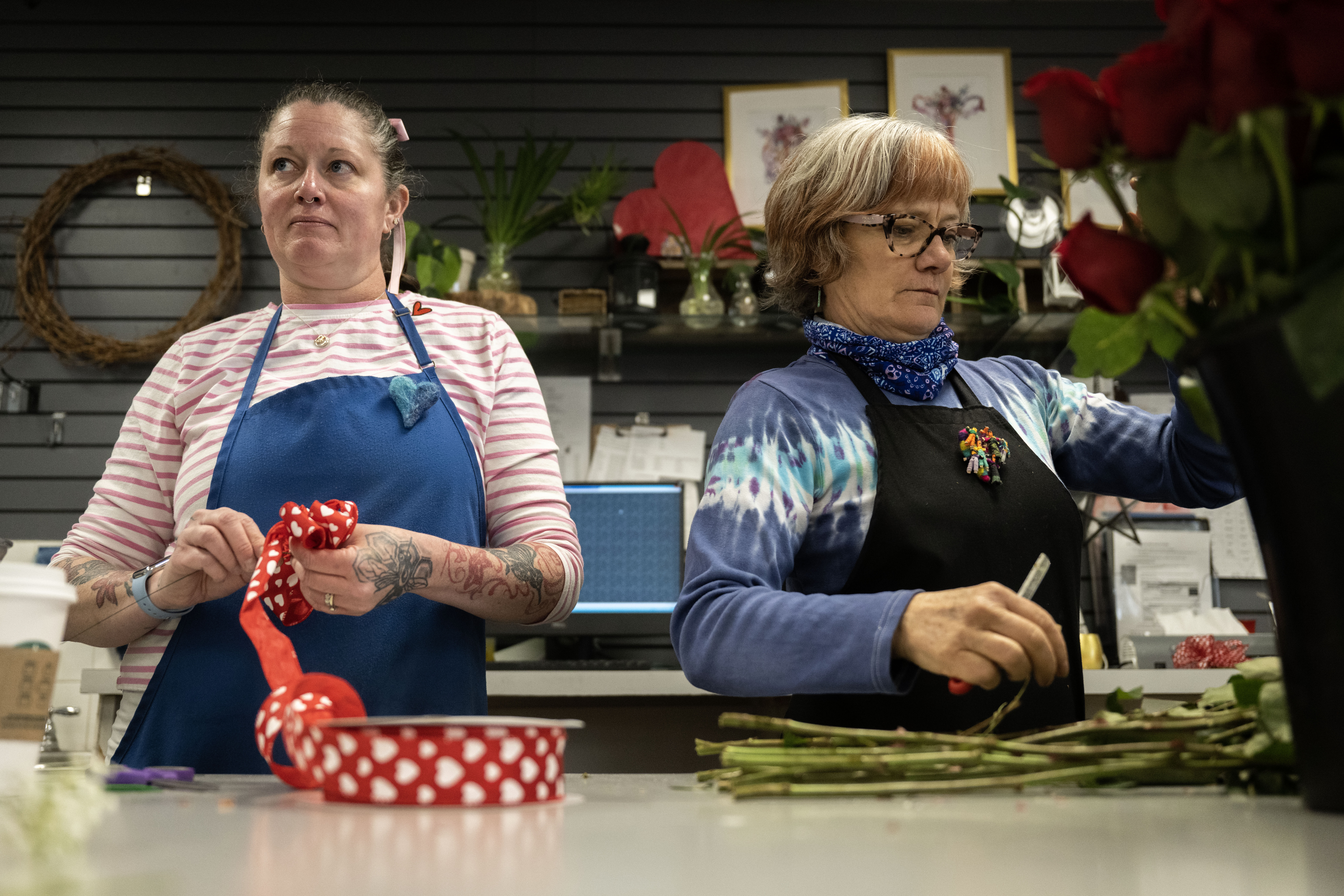Anna Keller, left, and Darla Harrah arrange flower bouquets for customers at Bonnie Brae flowers in Denver on Thursday, Feb. 13, 2025. (Stephen Swofford, Denver Gazette) (StephenSwoffordPhotographerstephen.swofford@gazette.comhttps://secure.gravatar.com/avatar/1ddcaf11c5d70eaa58546ddc4e038687?d=mm&r=g)