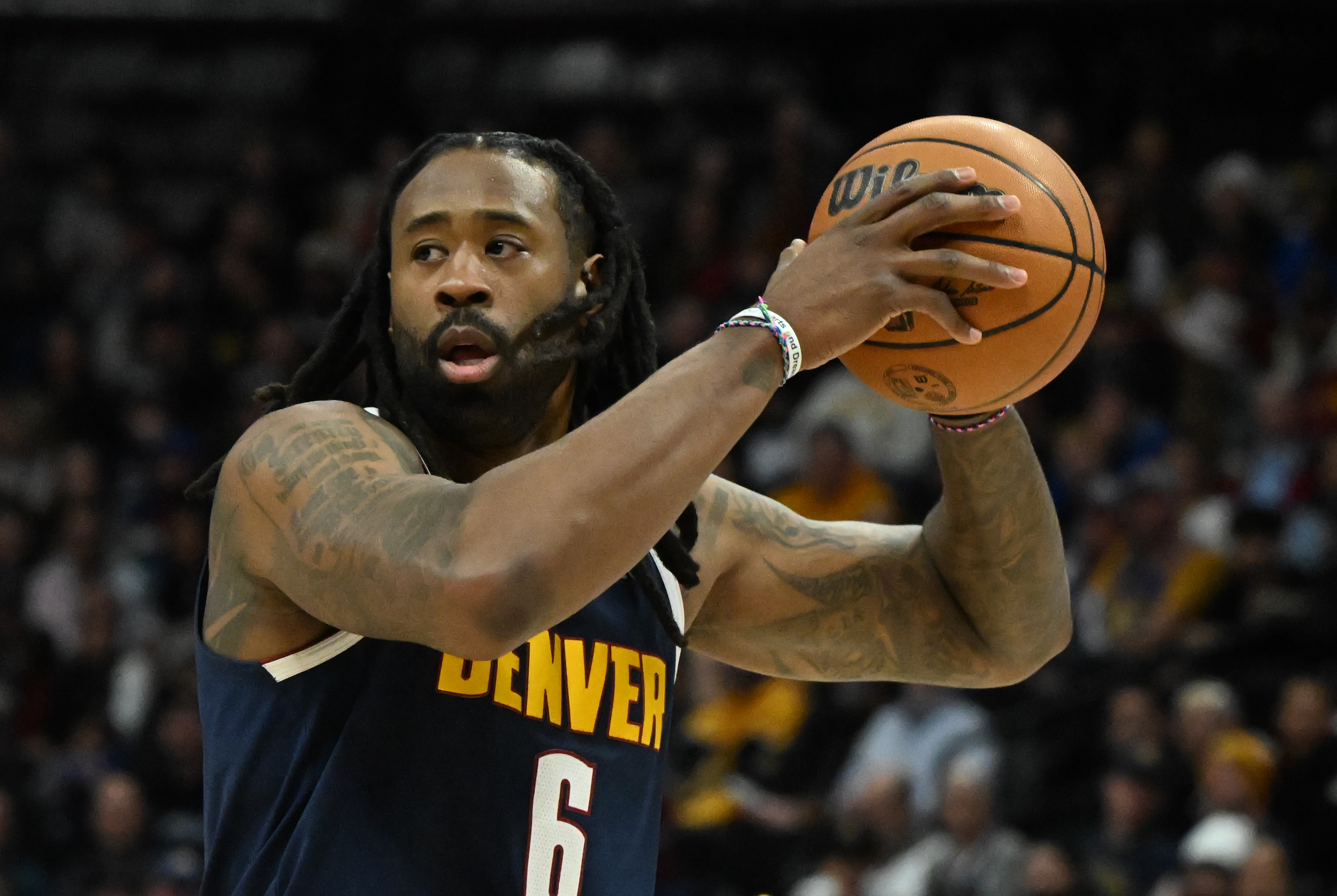 Denver Nuggets center DeAndre Jordan (6) controls the ball during a game against the Trailblazers at Ball Arena on Wednesday, Feb. 12, 2025. (Jerilee Bennett,The Gazette)