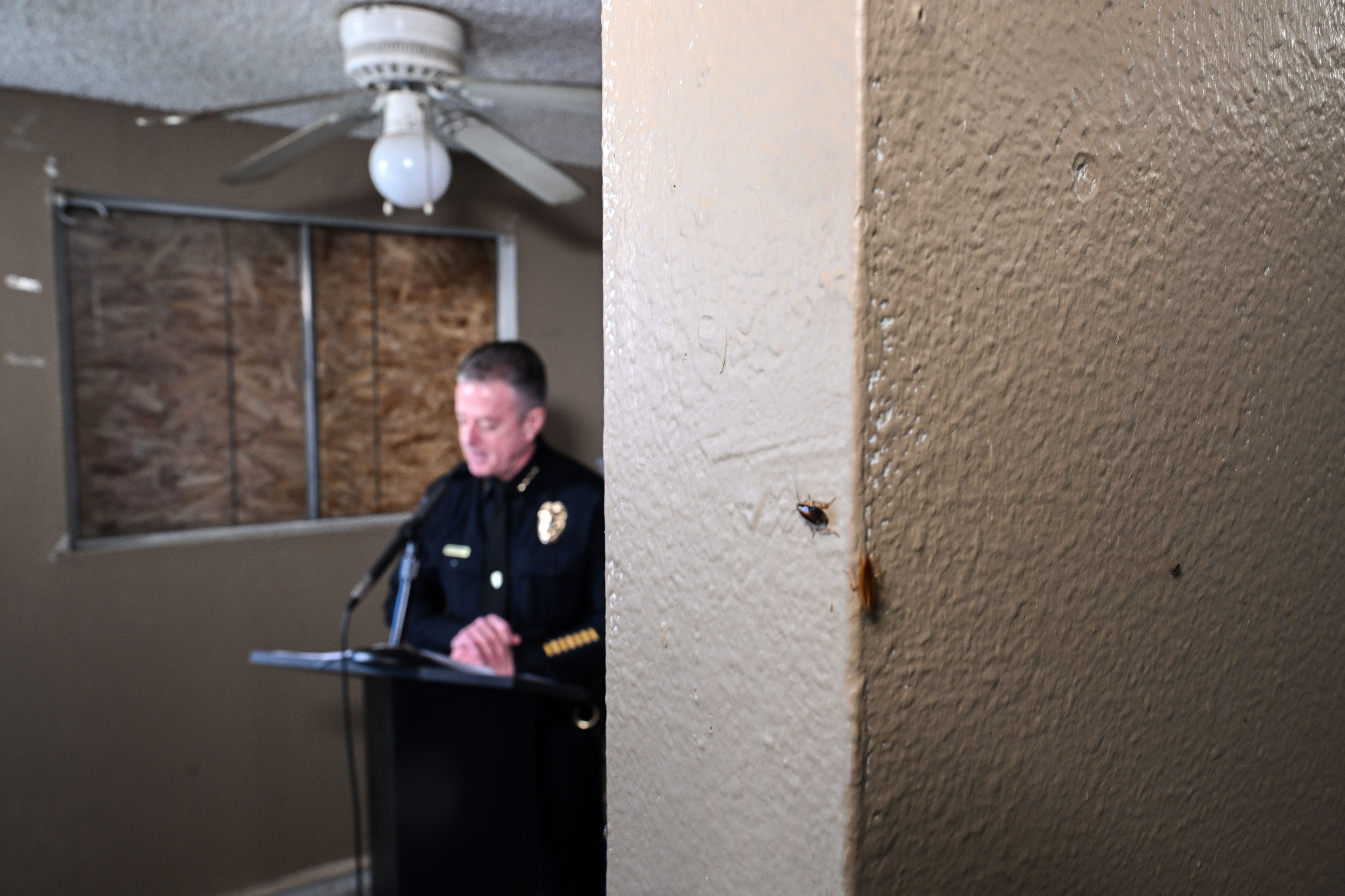 Aurora Police Chief Todd Chamberlain reads a prepared statement as he announces the closure of The Edge of Lowry Apartment complex in Aurora on Wednesday, Feb. 19, 2025. The move marked the second shutdown of a troubled apartment complex owned and operated by CBZ Management that became the focal point of America's debate on illegal immigration, particularly after the reach of a Venezuelan prison gang into Colorado cities like Aurora and Denver came to light. (Stephen Swofford, Denver Gazette) (StephenSwoffordPhotographerstephen.swofford@gazette.comhttps://secure.gravatar.com/avatar/1ddcaf11c5d70eaa58546ddc4e038687?d=mm&r=g)
