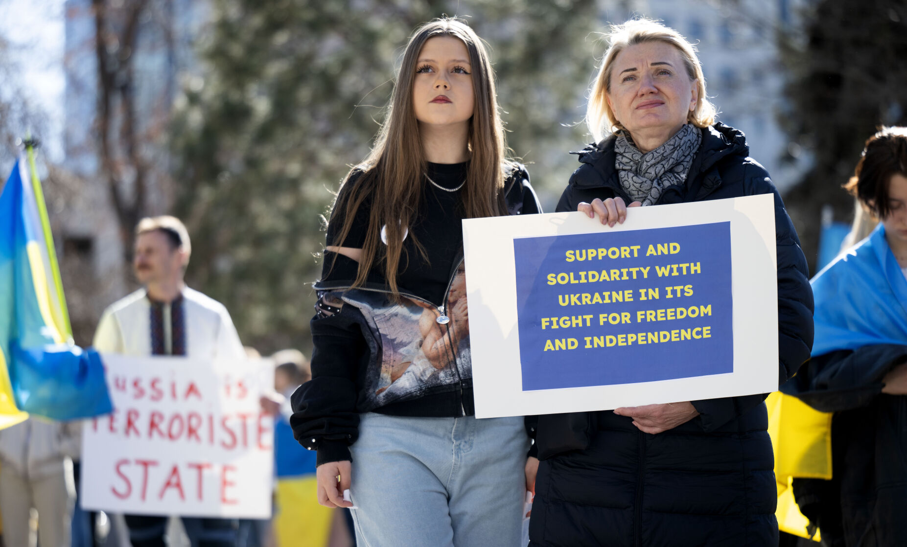 The crowd listens to speakers during a Stand for Ukraine rally on steps of the Colorado State Capitol Sunday, Feb. 23, 2025, in Denver. The rally on the eve of the third anniversary of Russia's attack on Ukraine was organized by Ukrainians of Colorado. (The Gazette, Christian Murdock) (Christian Murdock, The Gazette)