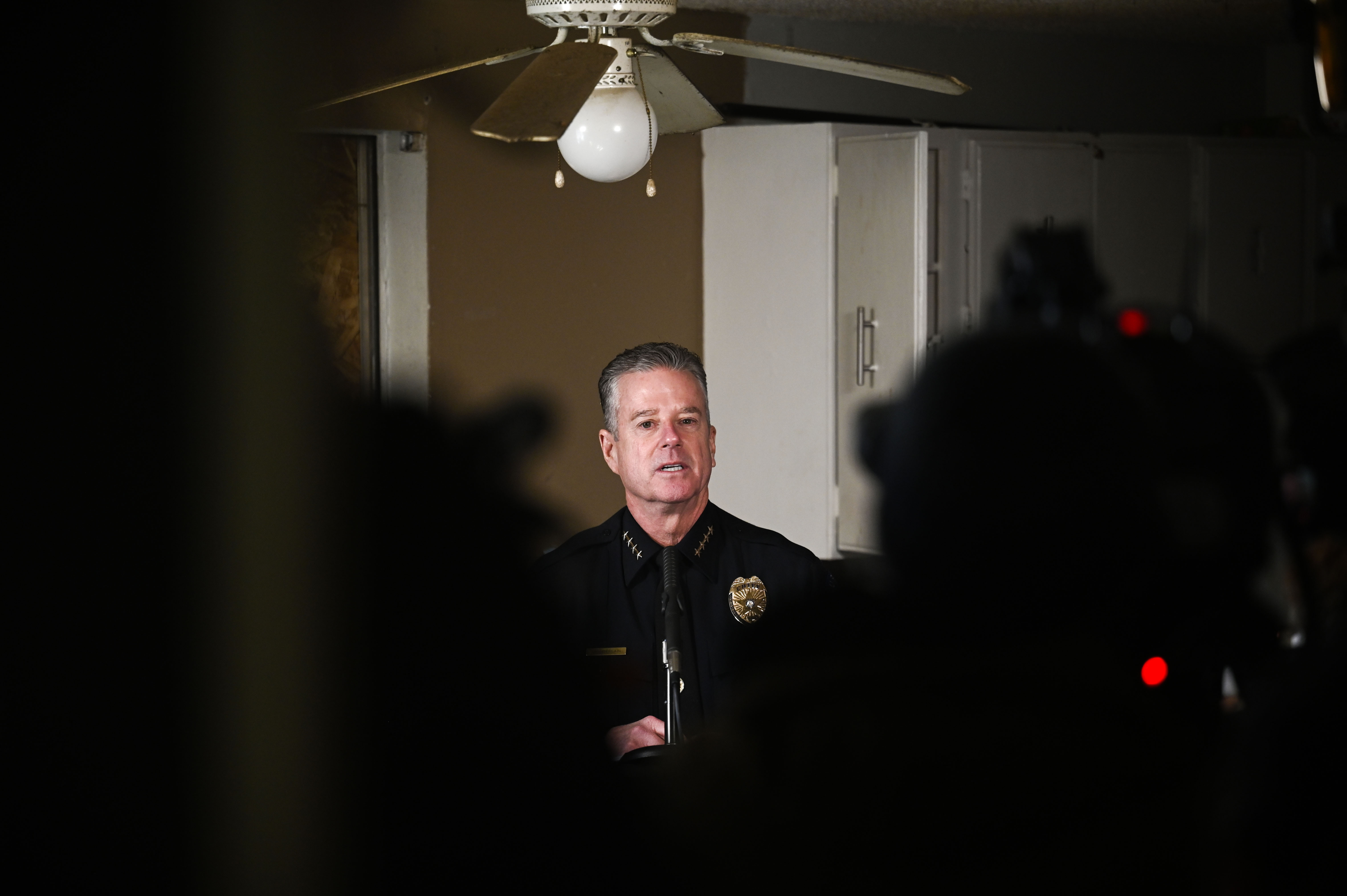 FILE PHOTO: Aurora Police Chief Todd Chamberlain reads a prepared statement as he announces the closure of The Edge of Lowry Apartment complex in Aurora on Wednesday, Feb. 19, 2025. The move marked the second shutdown of a troubled apartment complex owned and operated by CBZ Management that became the focal point of America's debate on illegal immigration, particularly after the reach of a Venezuelan prison gang into Colorado cities like Aurora and Denver came to light. (Stephen Swofford, Denver Gazette) (StephenSwoffordPhotographerstephen.swofford@gazette.comhttps://secure.gravatar.com/avatar/1ddcaf11c5d70eaa58546ddc4e038687?d=mm&r=g)