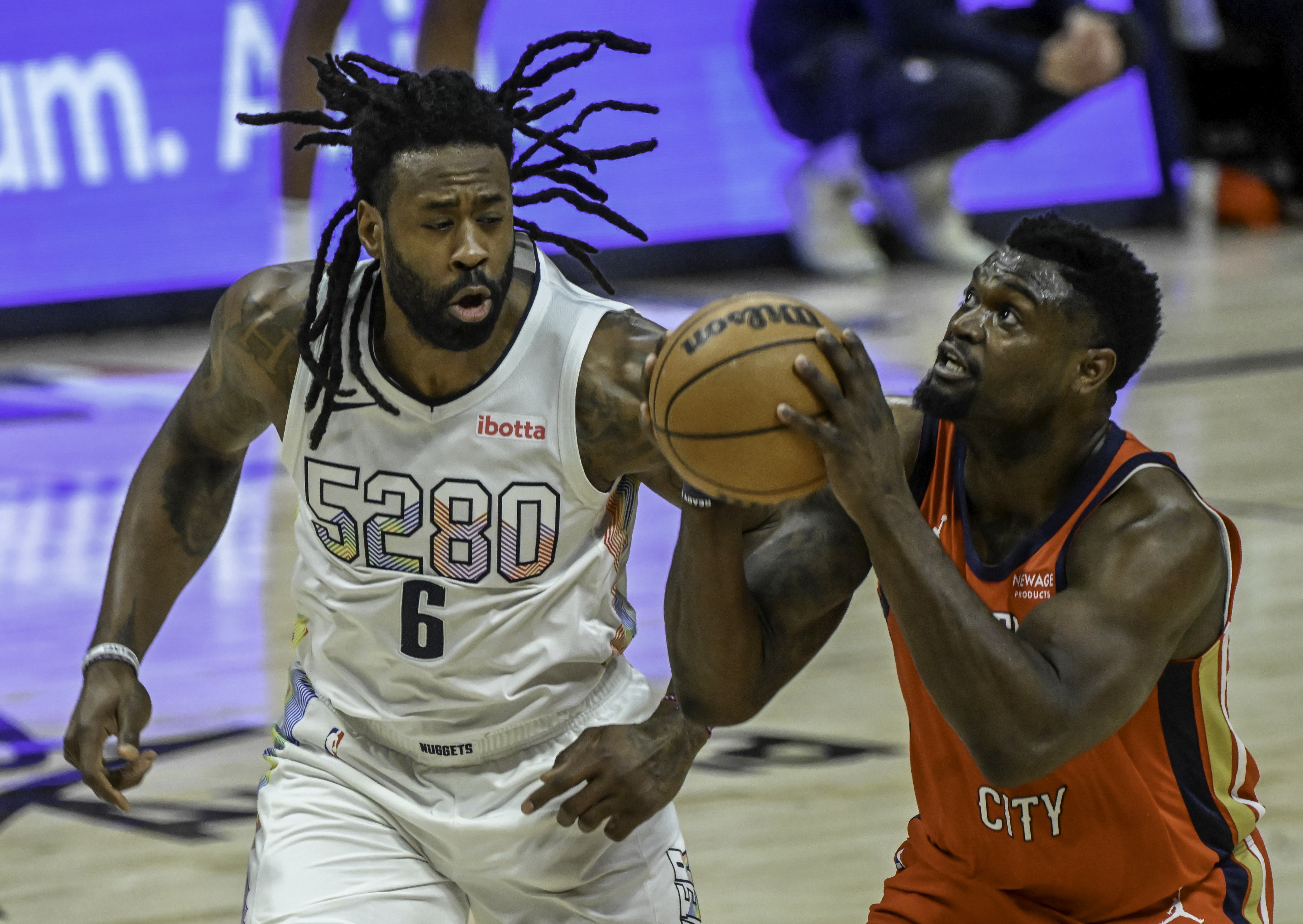 Denver Nuggets center DeAndre Jordan (6) defends Pelicans Zion Williamson during a game at Ball Arena on Wednesday, Feb. 5, 2025. The Nuggets defeated the Pelicans 144-119. (Jerilee Bennett, The Gazette)