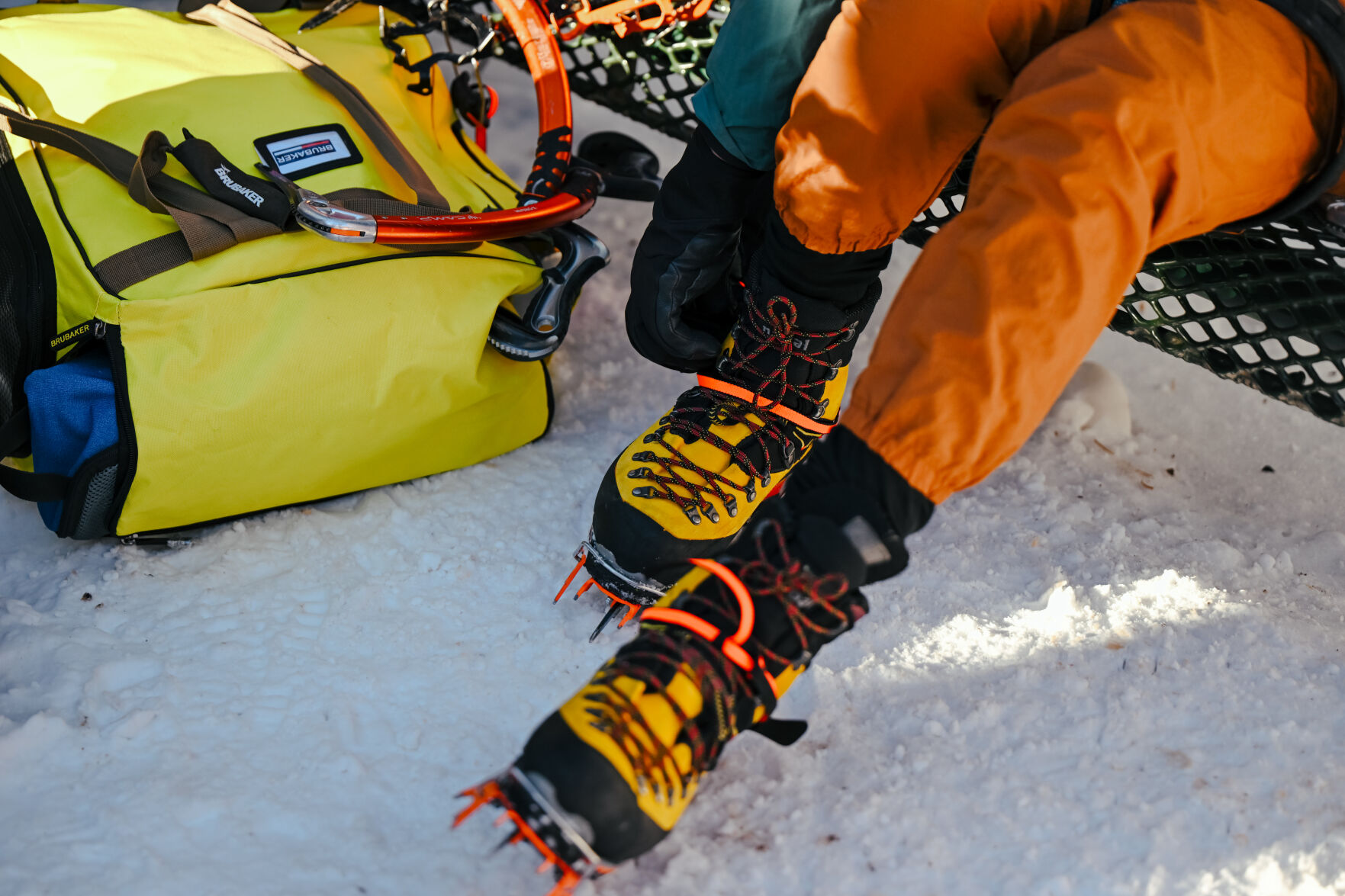 A climber straps on their crampons at the Ouray Ice Park on Friday, Jan. 24, in Ouray, Colo. (Parker Seibold, The Gazette) (Parker Seibold)