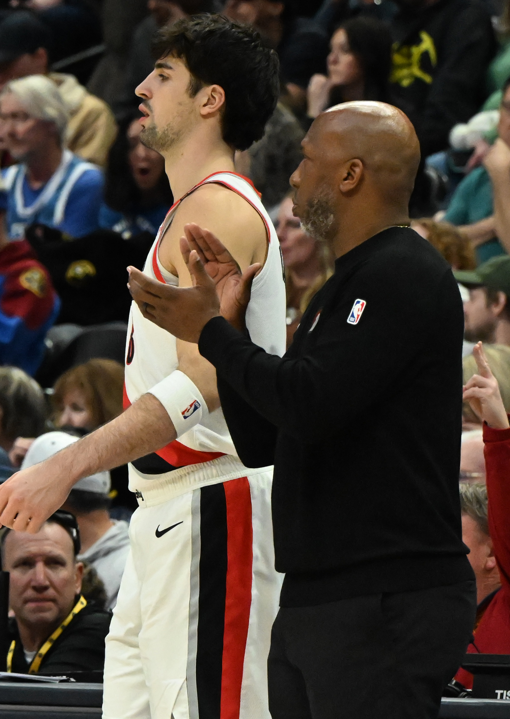 Trailblazers Head Coach Chauncey Billups sends in Portland Trail Blazers forward Deni Avdija (8) during a game against the Nuggets at Ball Arena on Wednesday, Feb. 12, 2025. (Jerilee Bennett,The Gazette)