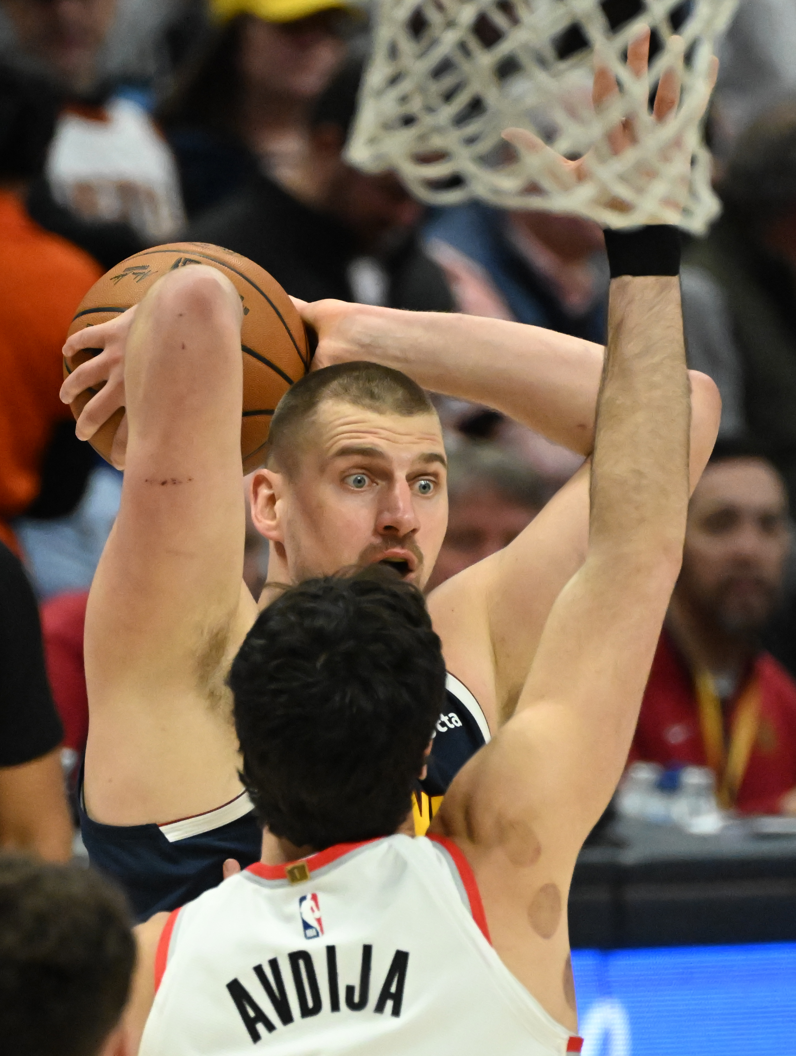 Denver Nuggets center Nikola Jokic (15) passes the ball during a game against the Trailblazers at Ball Arena on Wednesday, Feb. 12, 2025. (Jerilee Bennett,The Gazette)