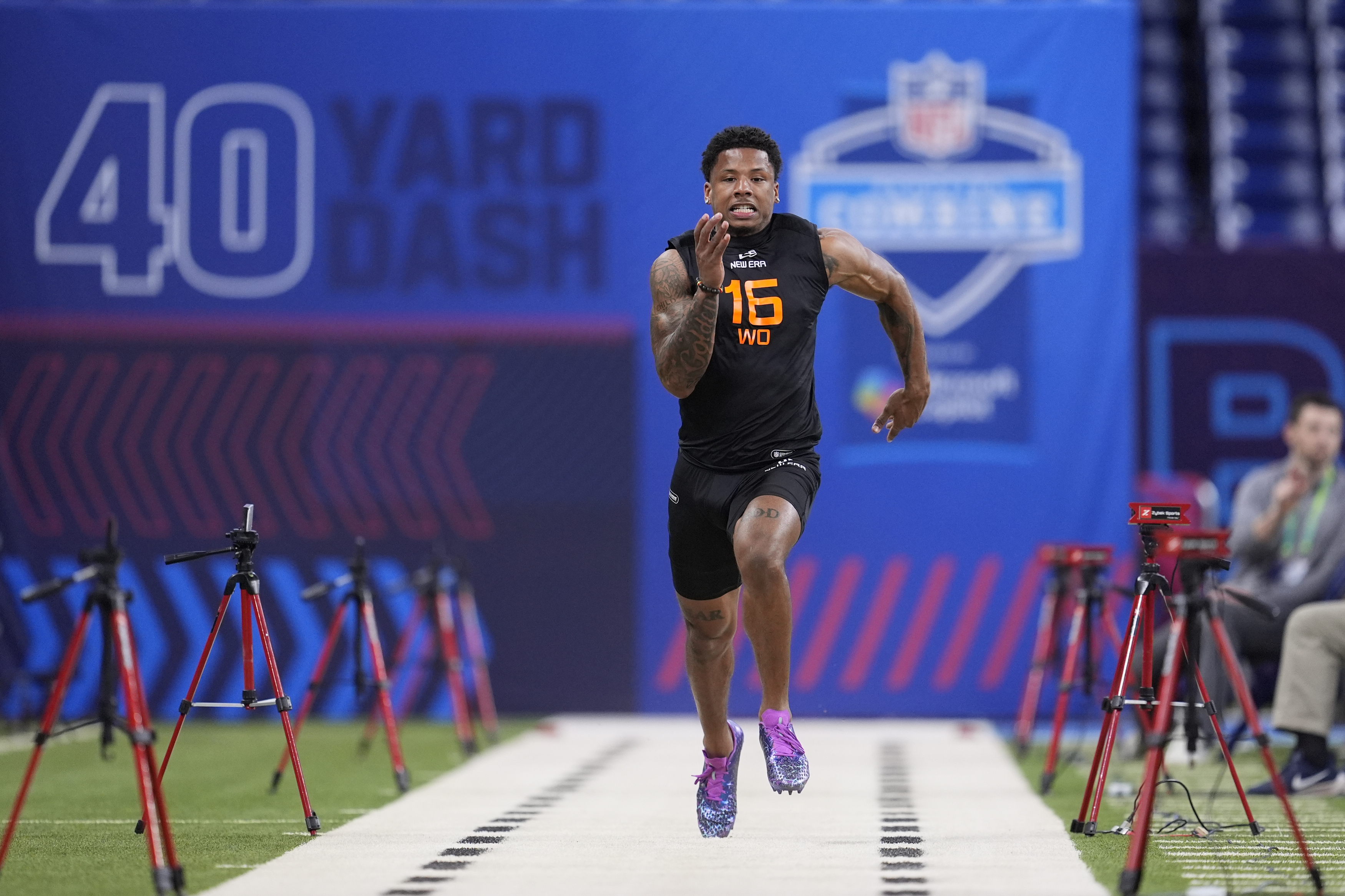 Texas wide receiver Matthew Golden runs the 40-yard dash at the NFL football scouting combine in Indianapolis, Saturday, March 1, 2025. (AP Photo/George Walker IV) (George Walker IV)