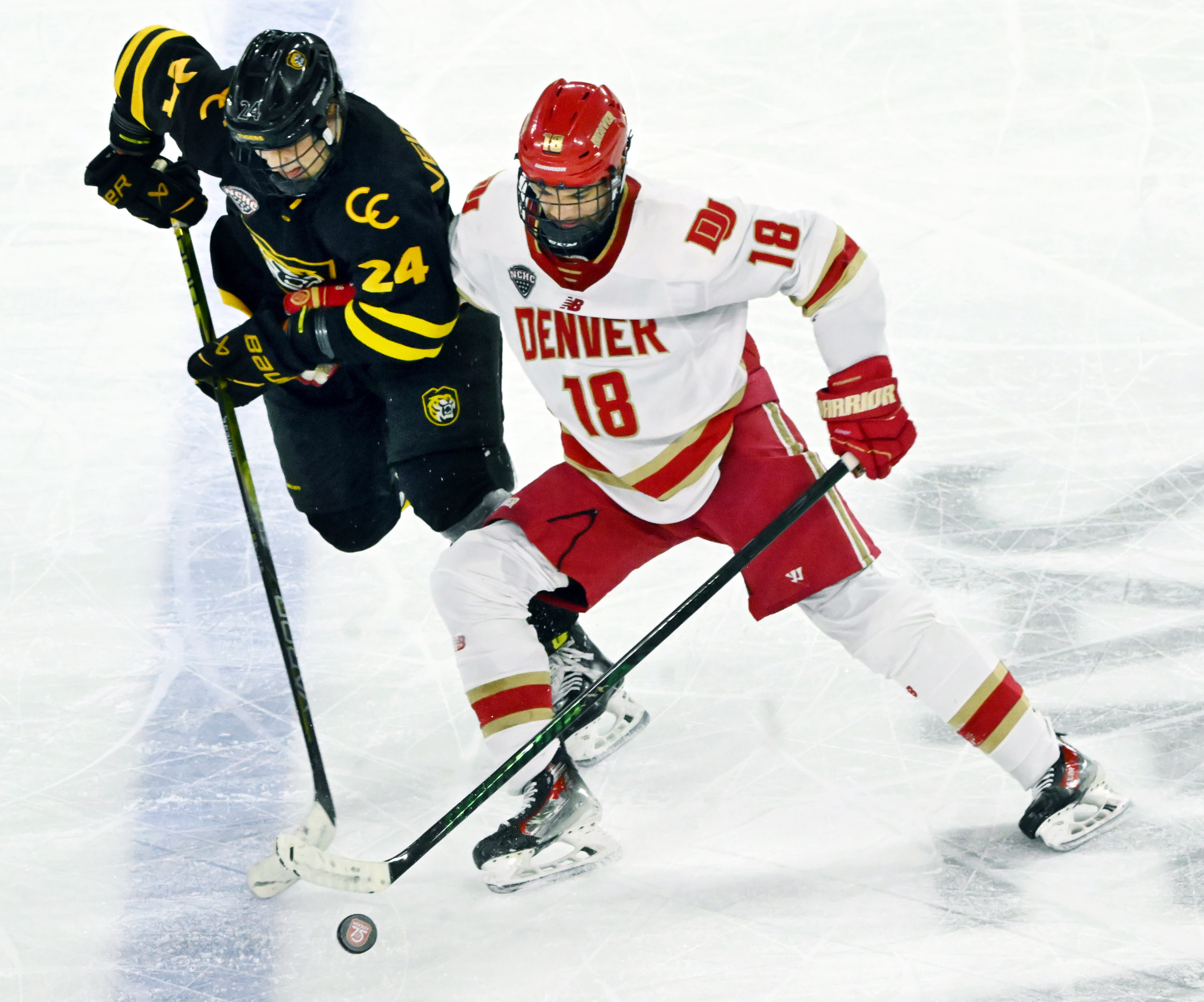 DU’s Jared Wright outmuscles CC’s Klavs Veinbergs during the third period of a game at Magness Arena in Denver on Sunday, March 16, 2025. DU ended CC’s season in game 3 of the first round of the playoffs by defeating them 9-2. (Jerilee Bennett, The Gazette)
