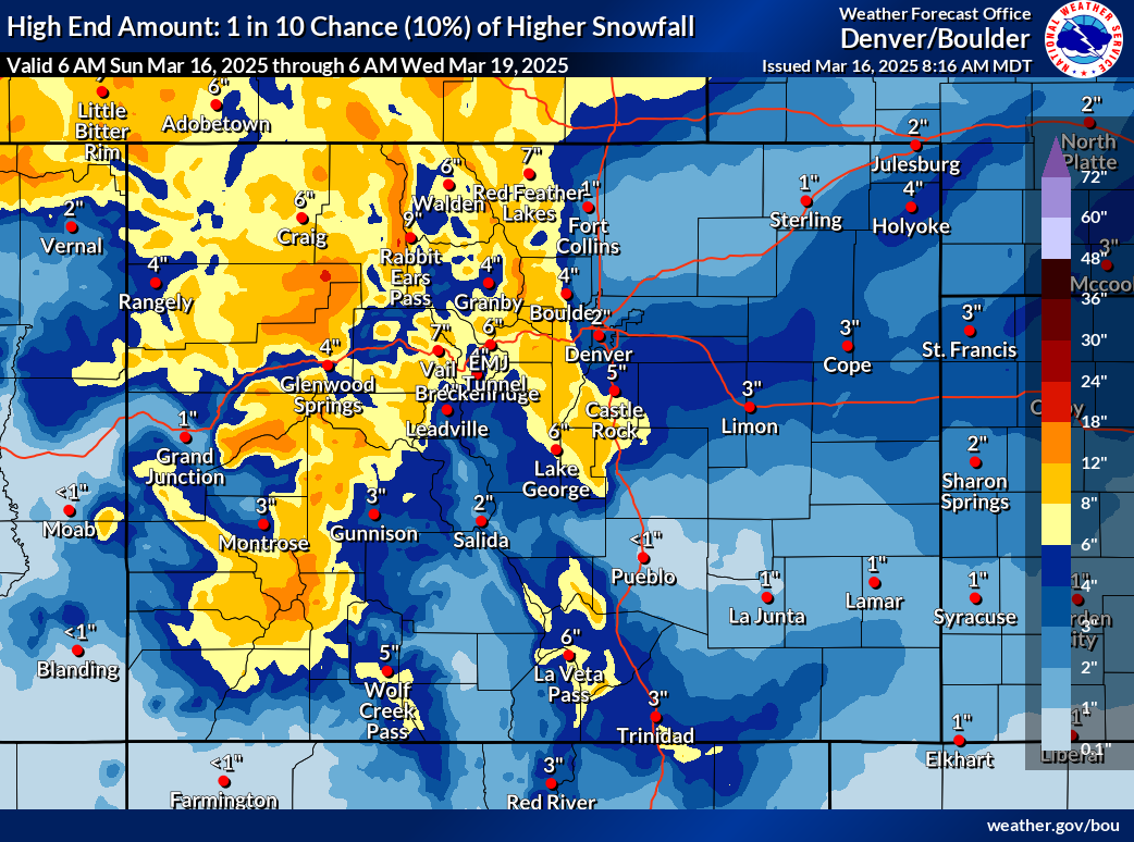 The 'high-end' snowfall scenario, which has a 10 percent chance of happening, but could bring much greater impacts. Map: National Weather Service.