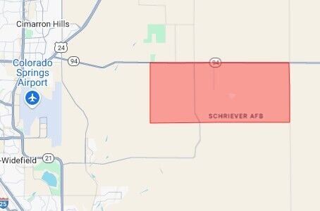 The evacuation order zone for Gusty Bluffs point and Meridian Road north to Highway 94 and Franceville Coal Mine, and to the East border of Schriever Space Force Base in Ellicott due to a wildland fire near Gusty Bluffs point and South Meridian road. As of 1:41 p.m. on March 13, everyone in this area is ordered to evacuate immediately. (Google Maps)