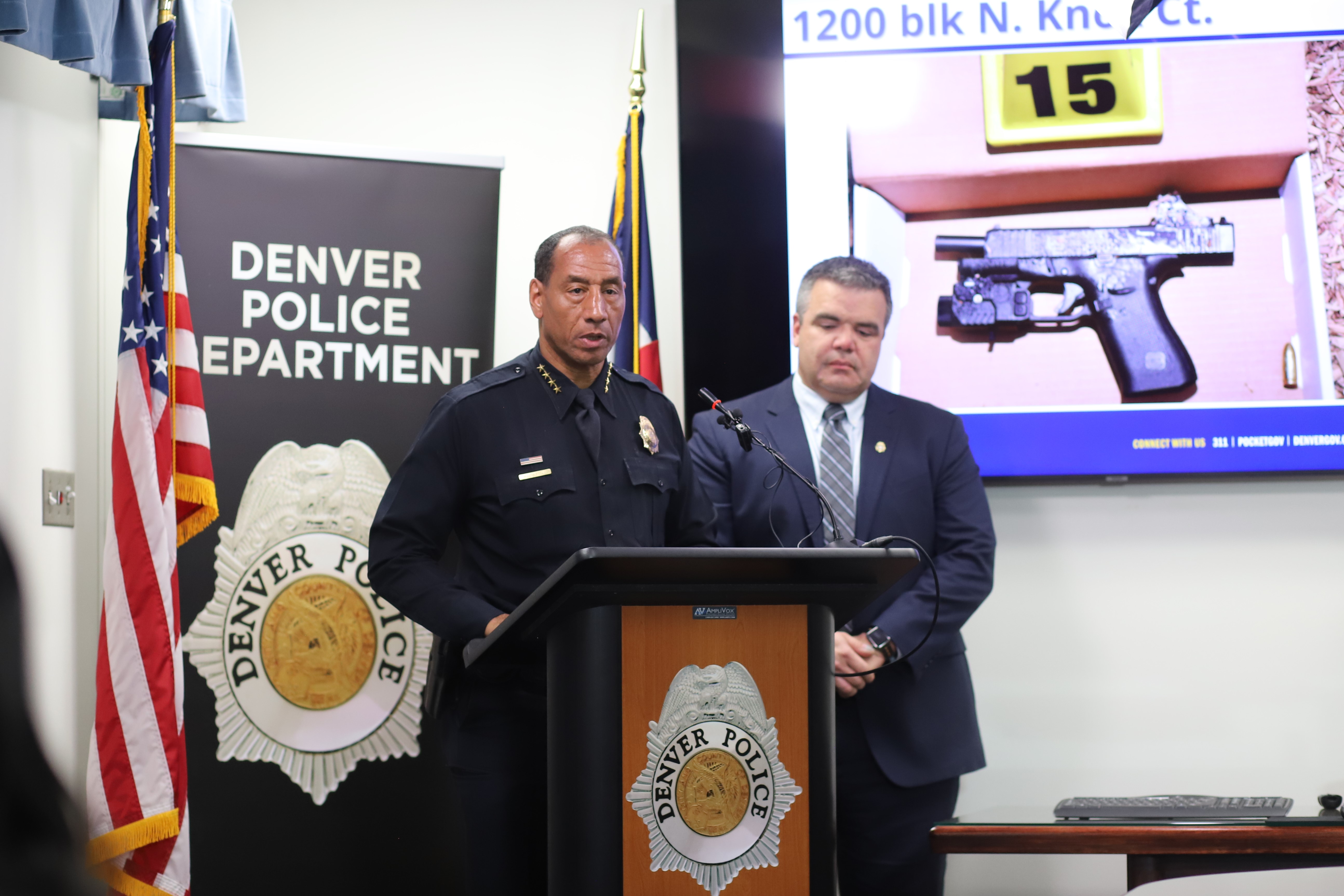Denver Police Department Chief Ron Thomas (left) and Commander Matt Clark speak during a Monday press conference about an officer-involved shooting on Feb. 24, 2025. (KylaPearceAurora reporterkyla.pearce@denvergazette.comhttps://denvergazette.com/content/tncms/avatars/2/16/1e5/2161e54a-3f47-11ed-bc0c-ff41892600ae.4fb8f678b9b96eab286c33c5af828fe7.png)