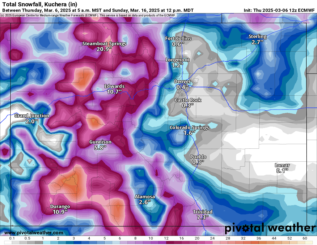 An ECMWF Total snowfall, Kuchera (in) forecast map of Colorado from 5 a.m., Thursday, March 6 to 12 p.m., Sunday, March 16, 2025. (PivotalWeather.com)