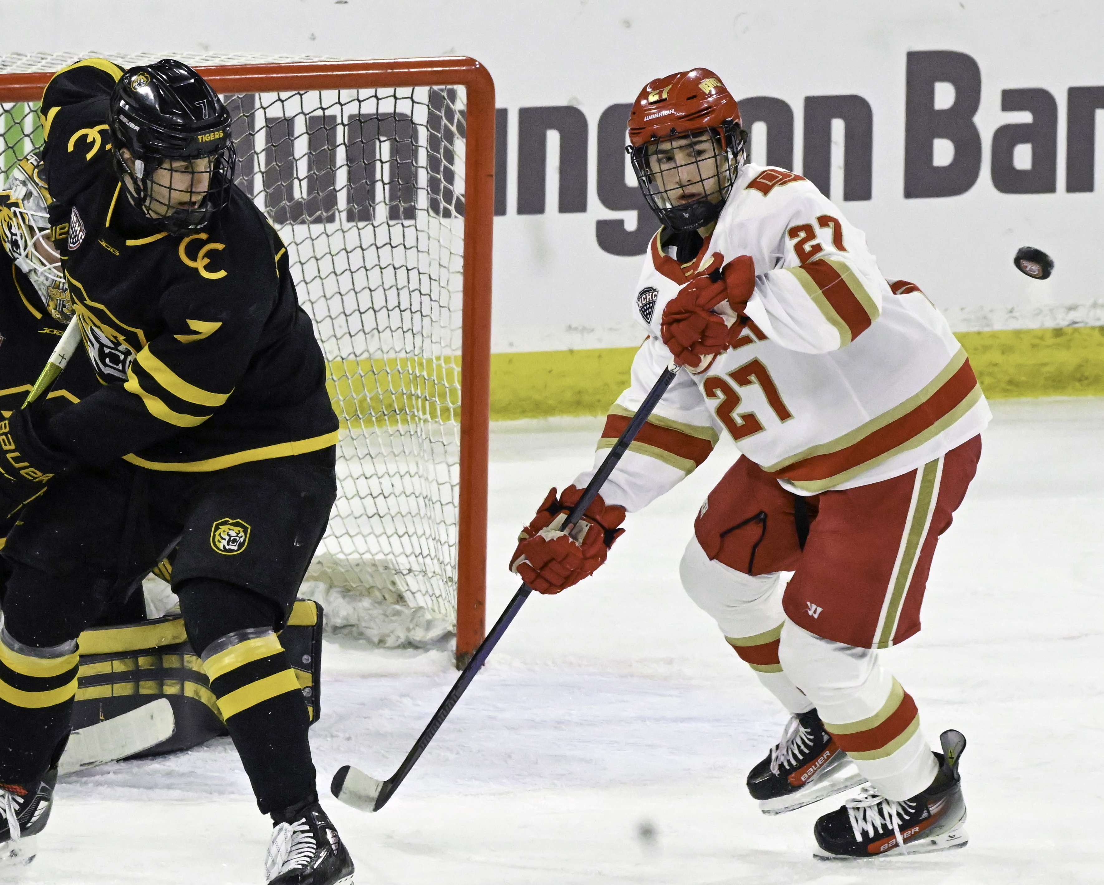 DU’s James Reeder goes after the puck during a game against CC at Magness Arena on Sunday, March 16, 2025. DU won the game 9-2. (Jerilee Bennett)