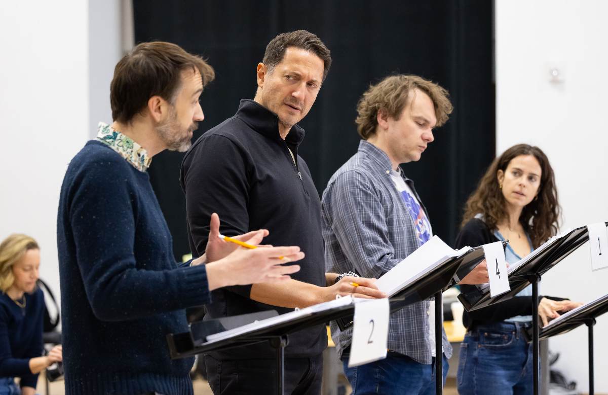From left: Kyle Cameron, Sasha Roiz, Jacob Dresch and Arielle Goldman rehearse for 'How to Conquer America' at the 2025 Colorado New Play Summit. (Jamie Kraus Photography)