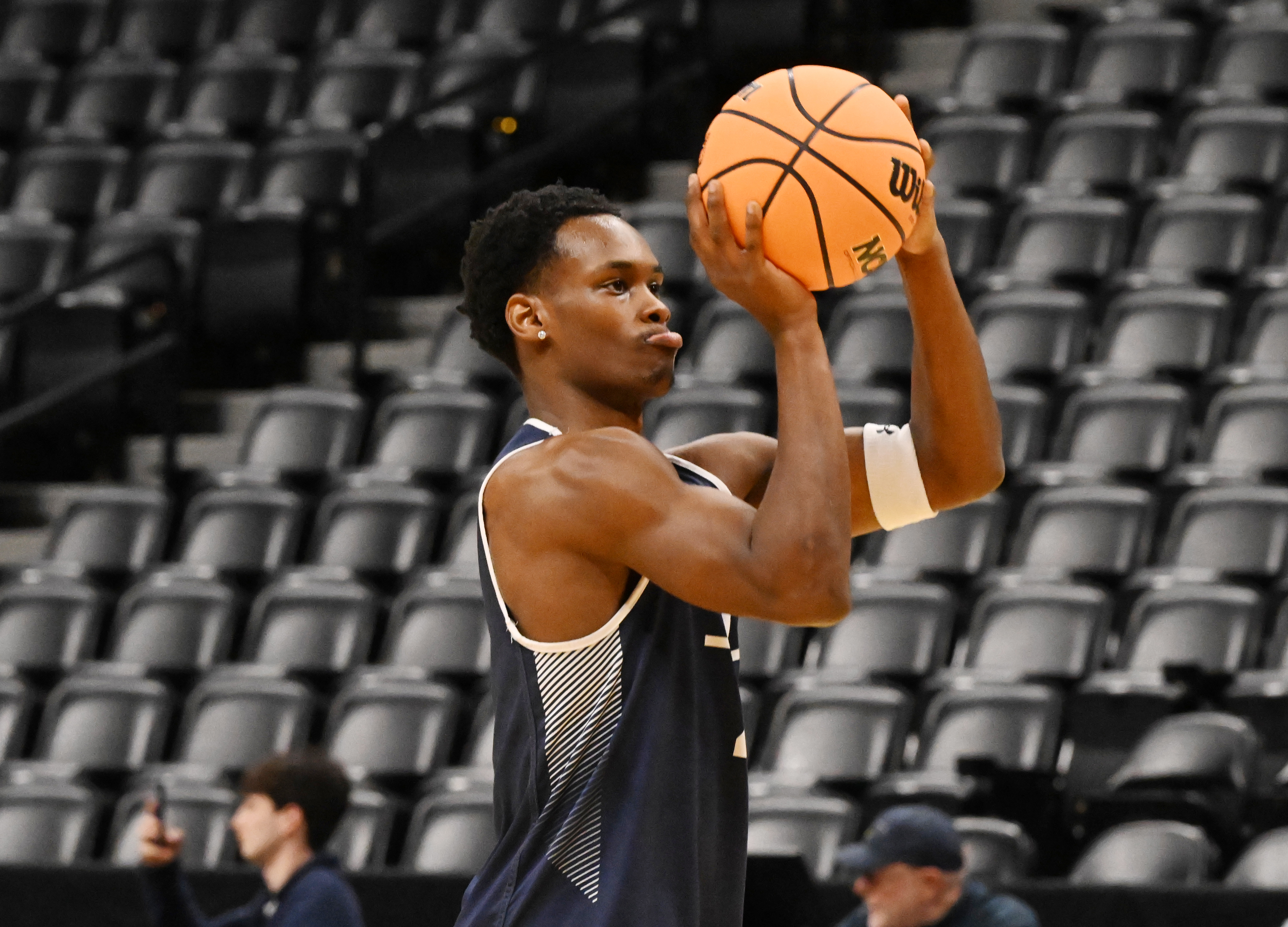 Yale’s Bez Mbeng shoots the ball during Yale’s practice for NCAA March Madness practice at Ball Arena on Wednesday, March 19, 2025.