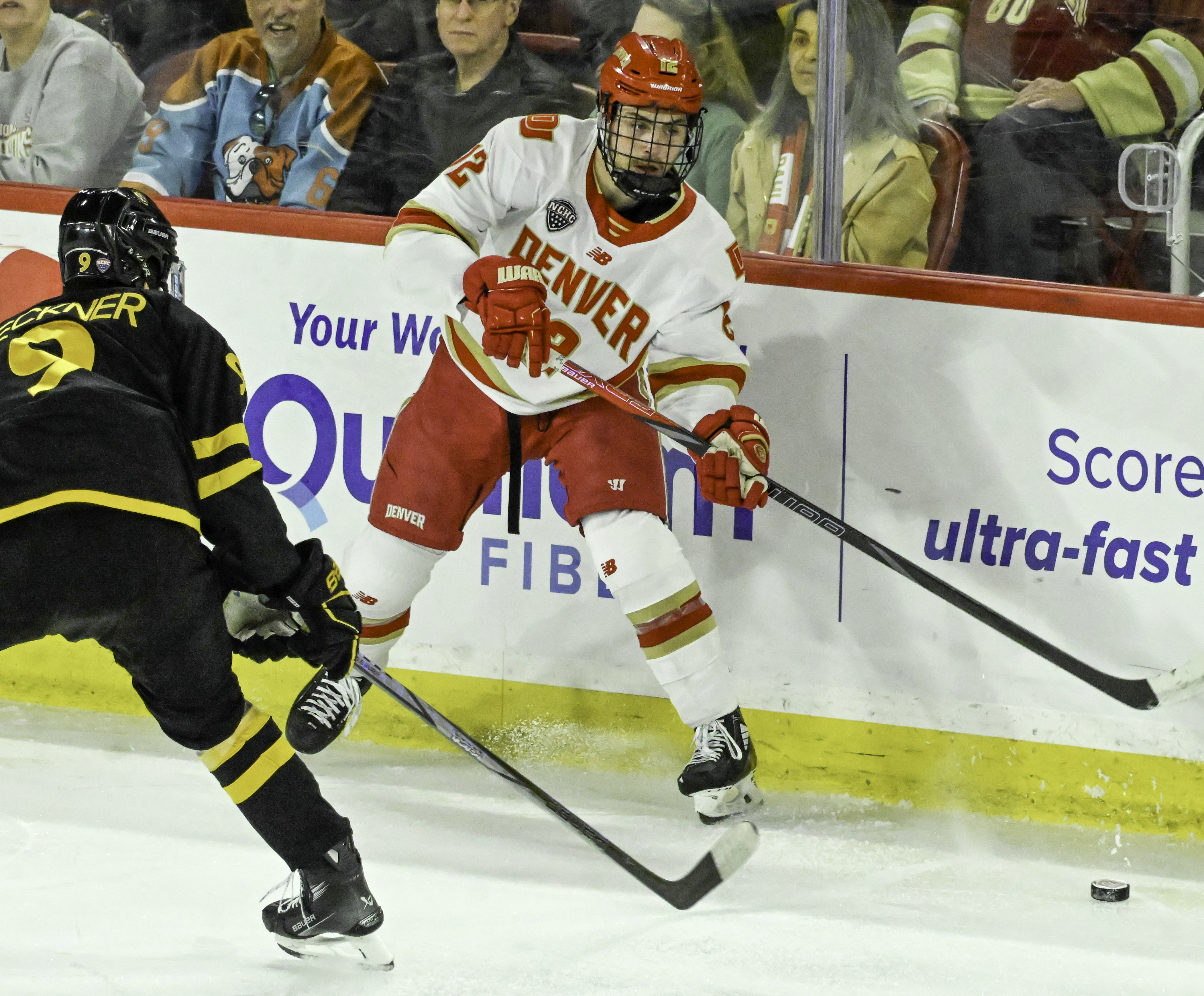 DU’s Sam Harris controls the puck against CC at Magness Arena on Sunday, March 16, 2025. (Jerilee Bennett)