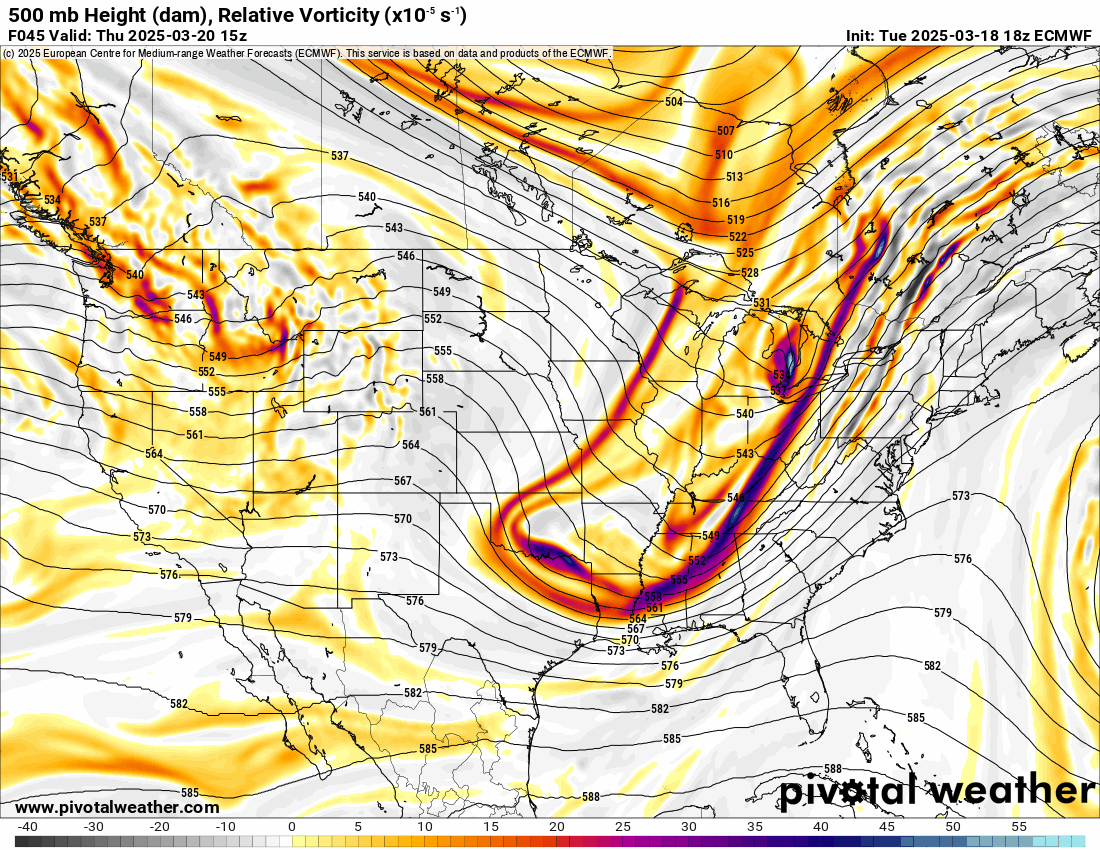 An ECMWF 500 mb Height (dam) Relative Vorticity forecast loop of the US from 9 a.m., Thursday, March 20 to 9 a.m., Sunday, March 23, 2025. (PivotalWeather.com)