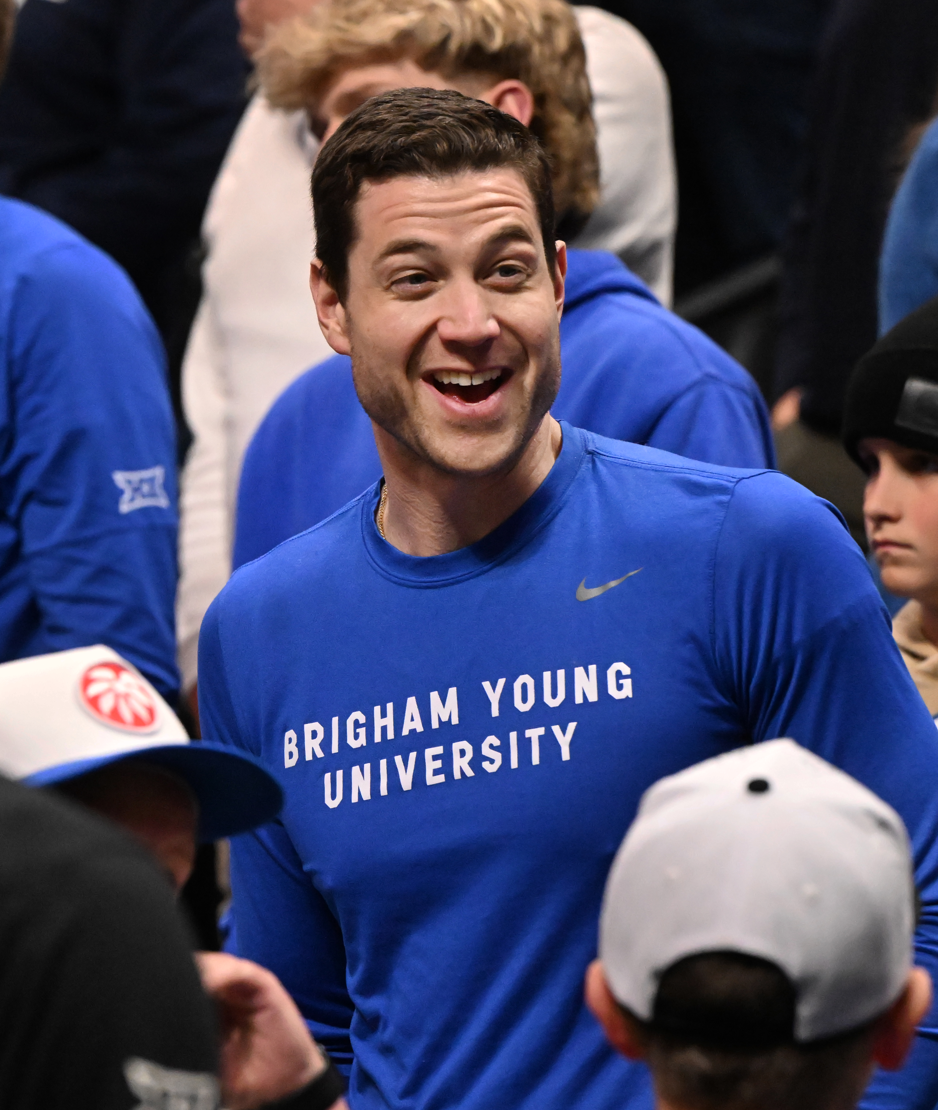 BYU basketball legend Jimmer Fredette is all smiles as BYU closes out the round 1 game of the NCAA March Madness tournament at Ball Arena on Thursday, March 20, 2025. BYU defeated VCU 80-71. (Jerilee Bennett,The Gazette)