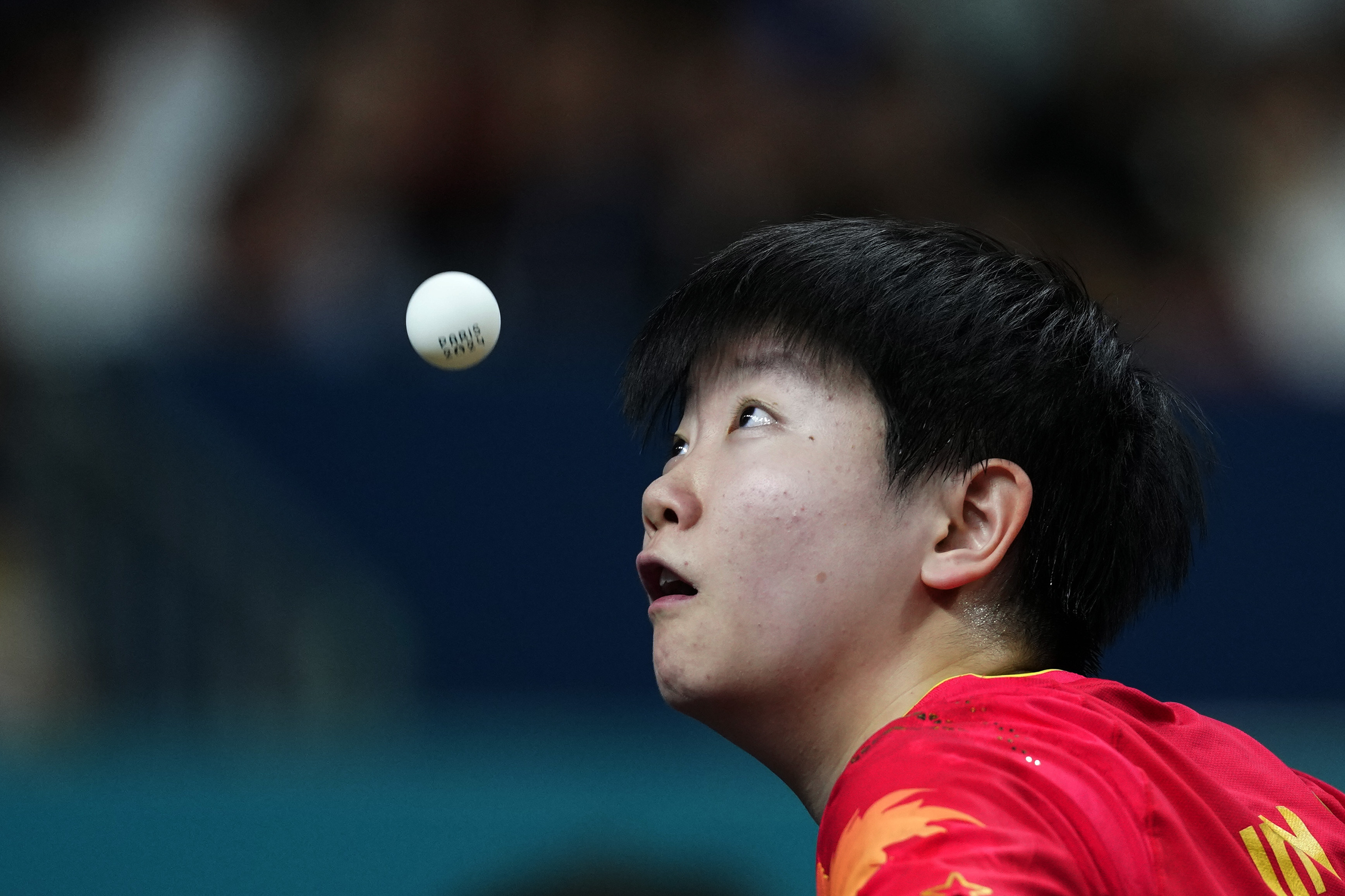 China's Sun Yingsha plays against Japan's Miu Hirano during the women's gold medal team table tennis match at the 2024 Summer Olympics, Saturday, Aug. 10, 2024, in Paris, France. (AP Photo/Petros Giannakouris) (Petros Giannakouris)