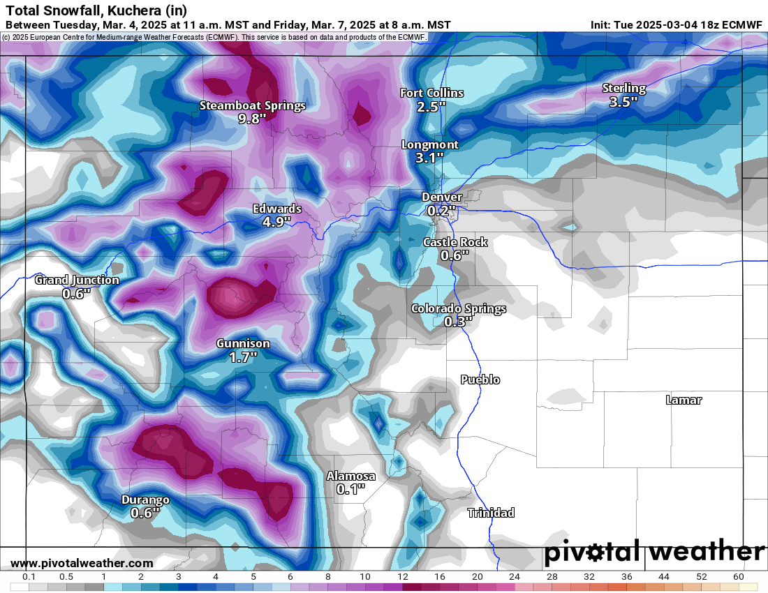 An ECMWF Total snowfall, Kuchera (in) forecast map of Colorado from 11 a.m., Tuesday, March 4 to 8 a.m., Friday, March 7, 2025. (PivotalWeather.com)