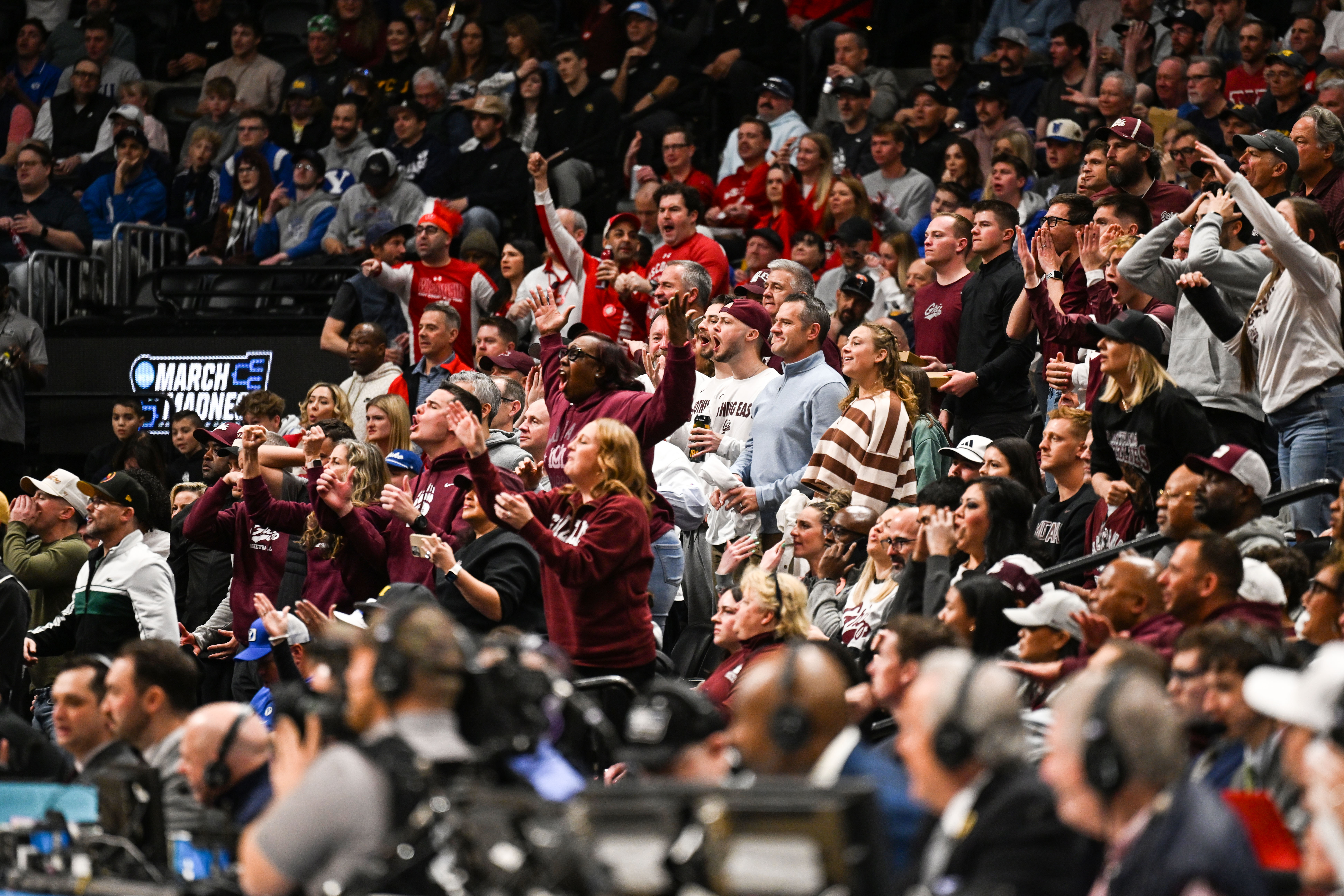Fans react to a ref decision in the second half of the Montana vs Wisconsin game during NCAA March Madness on Thursday, March 20, 2025 (Stephen Swofford, Denver Gazette) (StephenSwoffordPhotographerstephen.swofford@gazette.comhttps://secure.gravatar.com/avatar/1ddcaf11c5d70eaa58546ddc4e038687?d=mm&r=g)