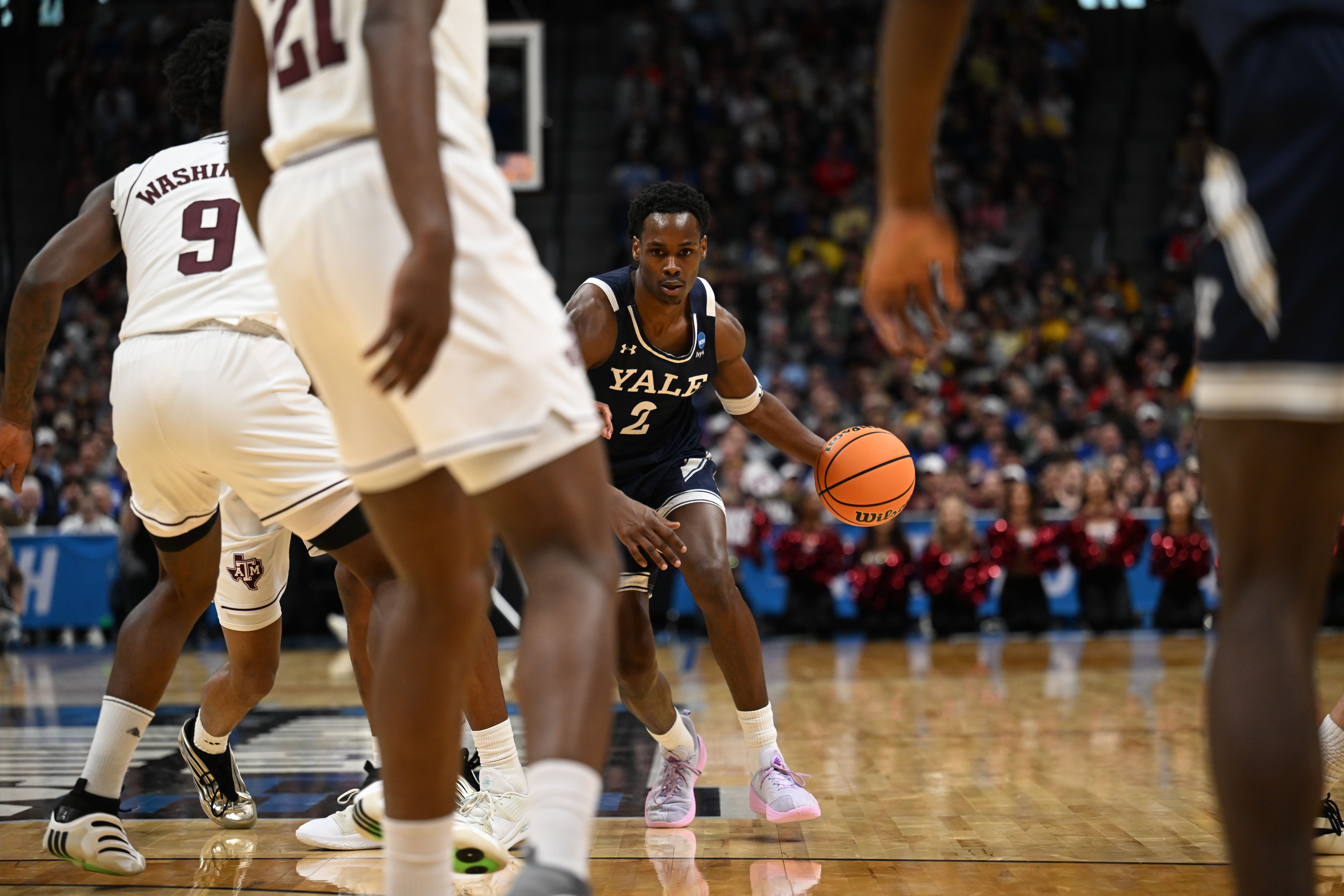 Yale Bulldogs guard Bez Mbeng (2) drives to the basket at the start of the second half of the Yale vs Texas A&M game during NCAA March Madness on Thursday, March 20, 2025 (Stephen Swofford, Denver Gazette) (StephenSwoffordPhotographerstephen.swofford@gazette.comhttps://secure.gravatar.com/avatar/1ddcaf11c5d70eaa58546ddc4e038687?d=mm&r=g)