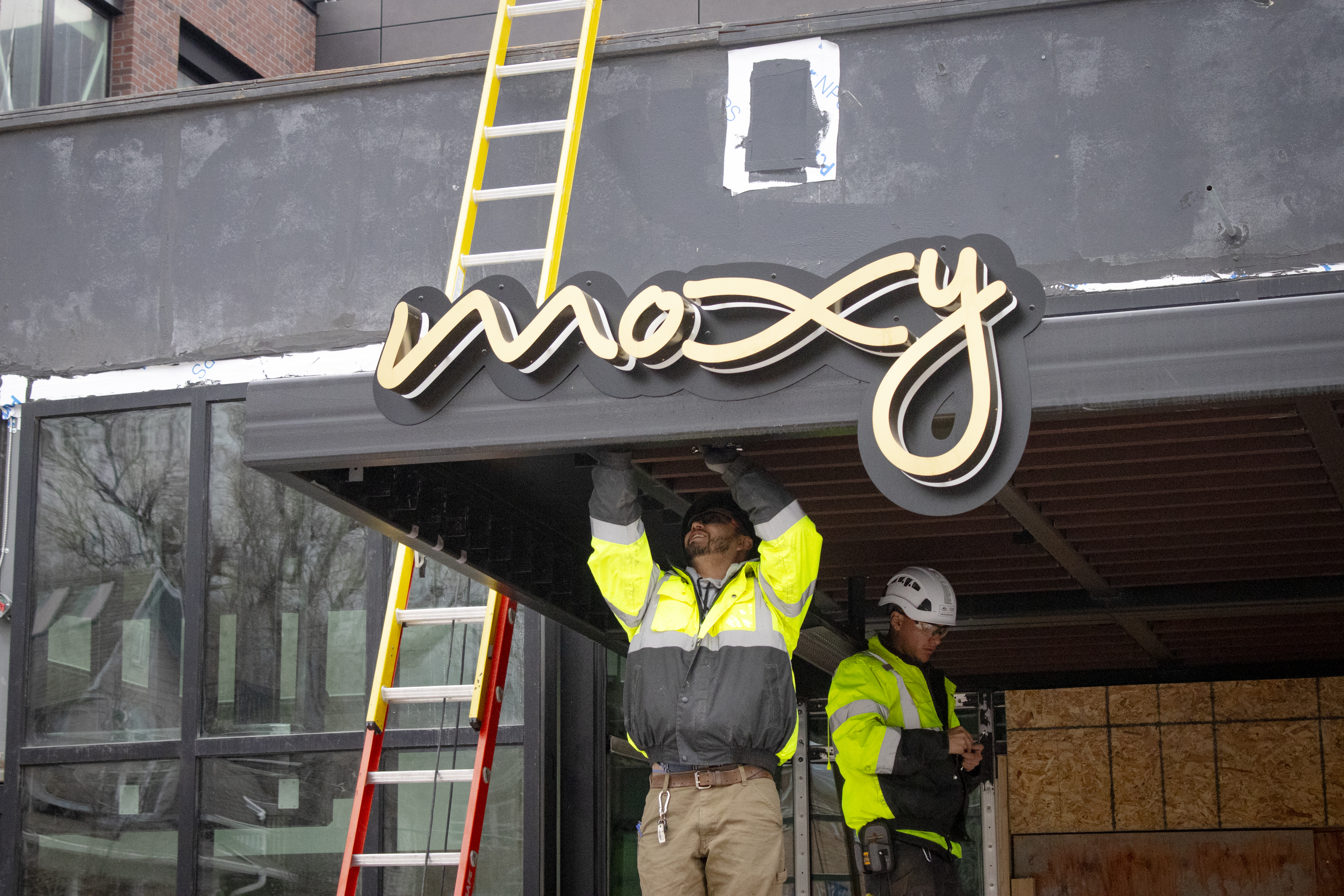 A construction worker on the site of the new Moxy Boulder hotel in the University Hill neighborhood on March 7, 2024. (Bernadette Berdychowski / Denver Gazette)
