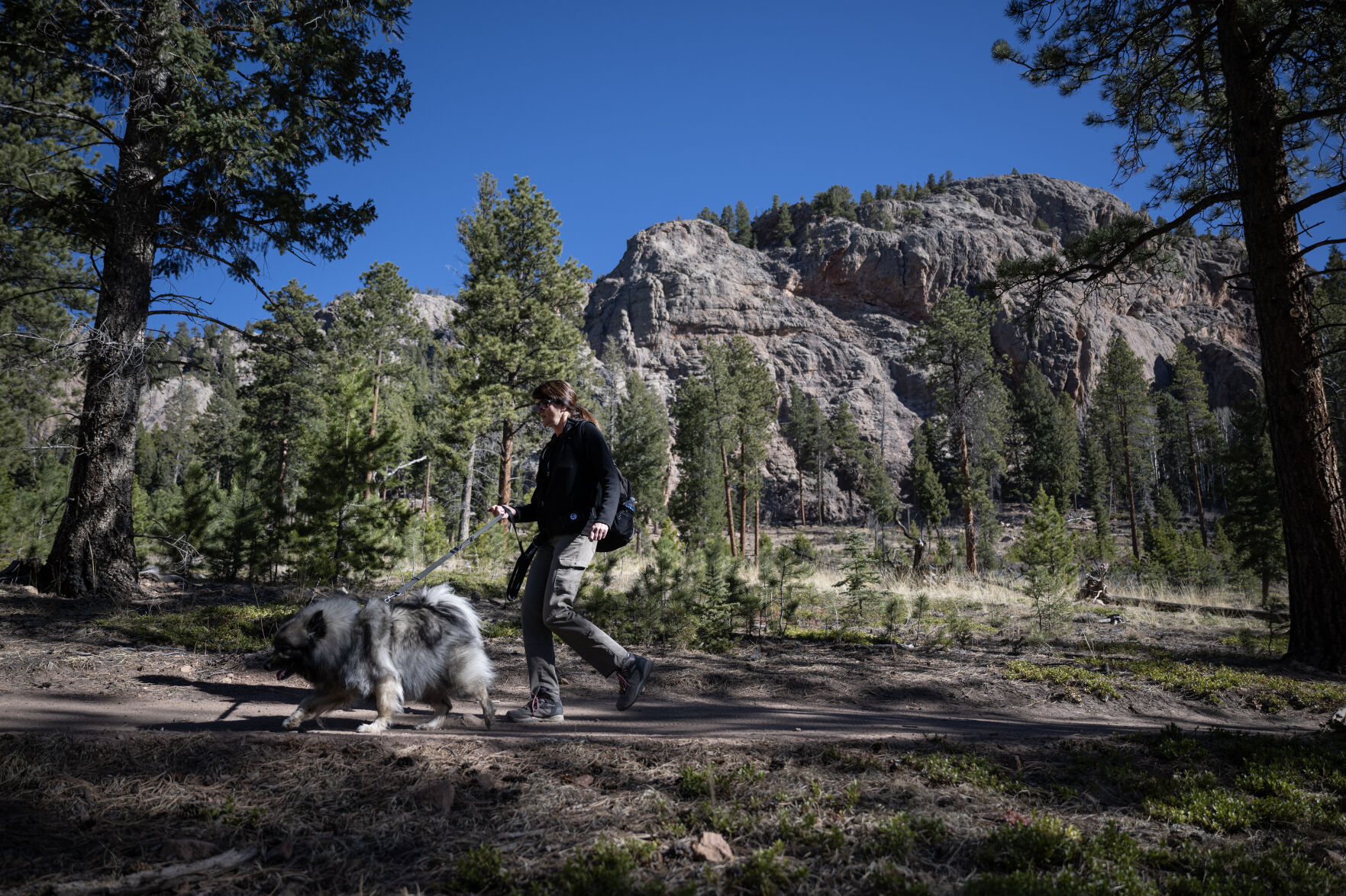 FILE PHOTO: Evergreen-based artist Christina Oddo and her 10-year-old keeshond, Taggart, head out on the Staunton Ranch trail with the Staunton Rocks in the background on Wednesday, April 12, 2023, at Staunton State Park in Pine, Colo. (Timothy Hurst/Denver Gazette) (TimHursttim.hurst@gazette.comhttps://secure.gravatar.com/avatar/aca82bd62b4ee425c598527cd6faa1b1?d=mm&r=g)