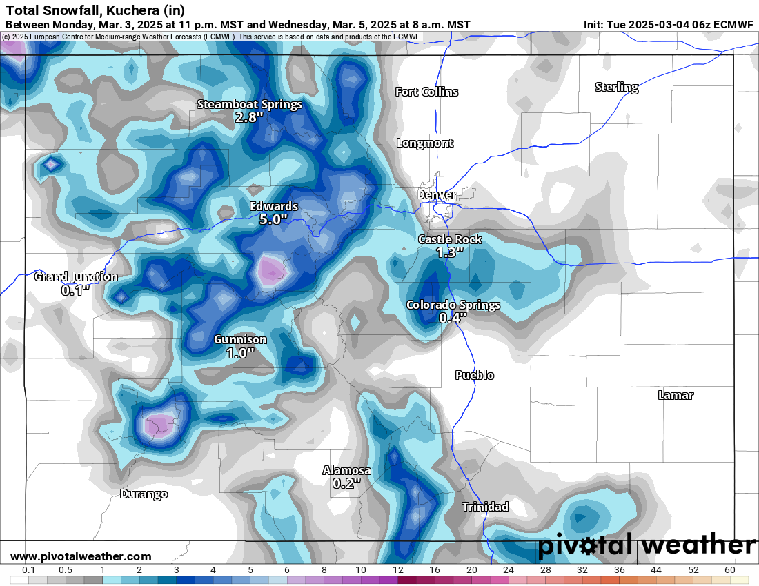 Snowfall totals for Colorado’s ski areas for Tuesday, March 4