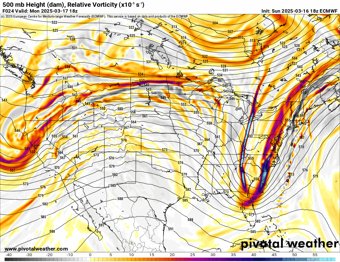 An ECMWF 500 mb Height (dam), Relative Vorticity forecast loop of the US from 12 p.m., Monday, March 17 to 12 p.m., Saturday, March 22, 2025. (PivotalWeather.com)