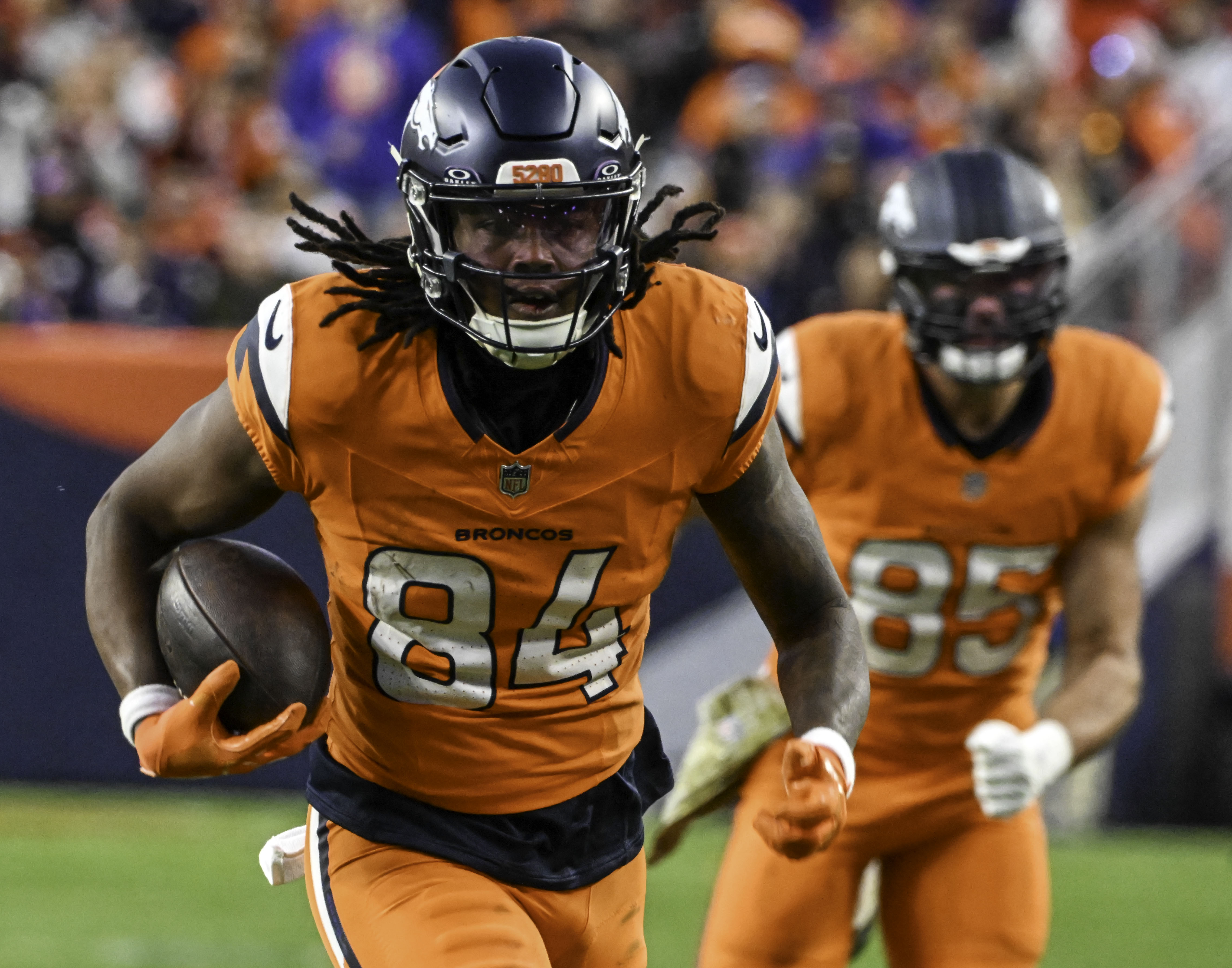 Denver Broncos wide receiver Lil'Jordan Humphrey (84) heads for the end zone for a touchdown during the fourth quarter of a game at Empower Field at Mile High on Sunday, Nov. 17, 2024. The Broncos defeated the Falcons 38-6. (Jerilee Bennett,The Gazette)